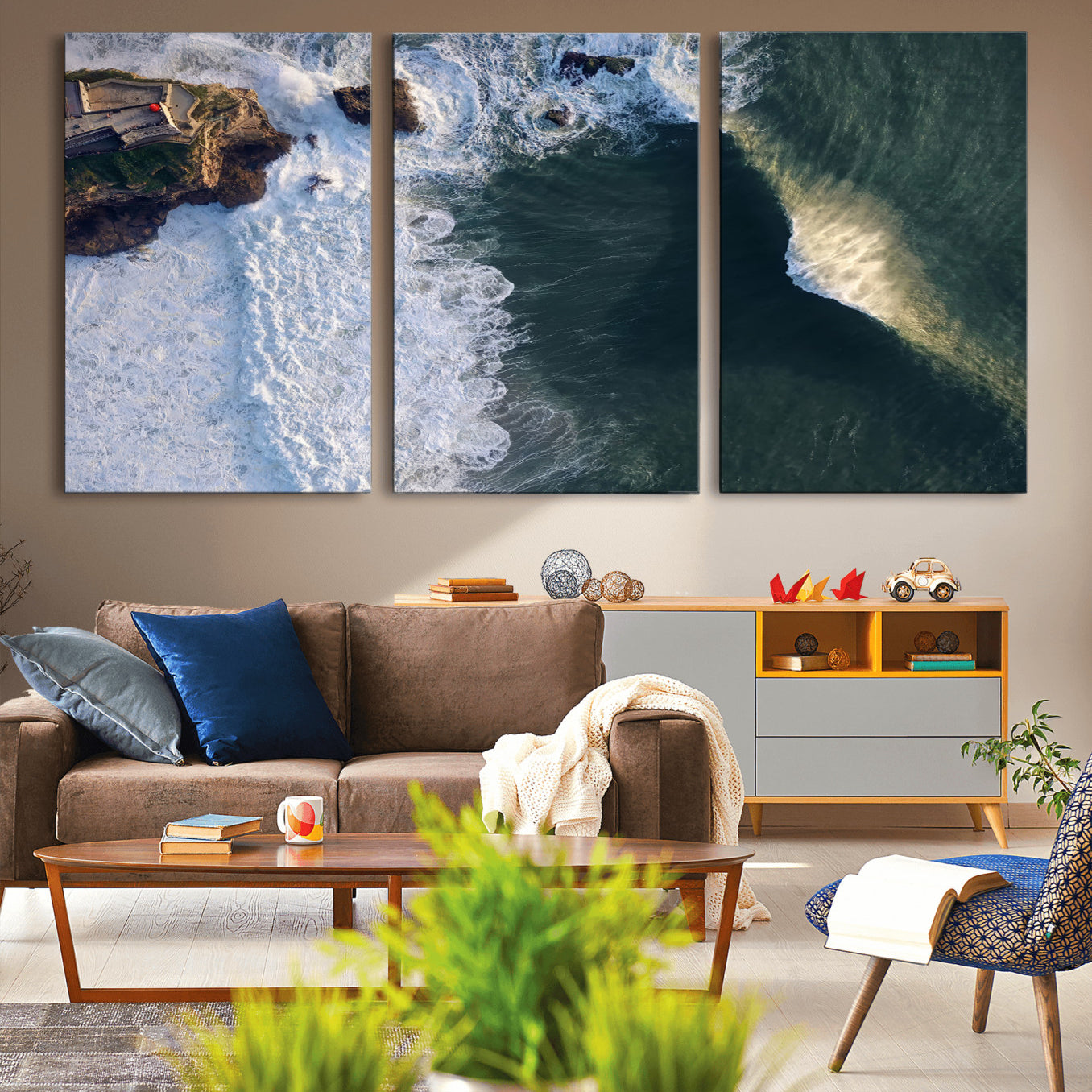 MGV-CV-60X30-3P - Nazaré Coast Wall Art Canvas Print, Framed Aerial Ocean Art Picture Print, Coastal Fortress Perfect Dramatic Coastal Decor Artwork