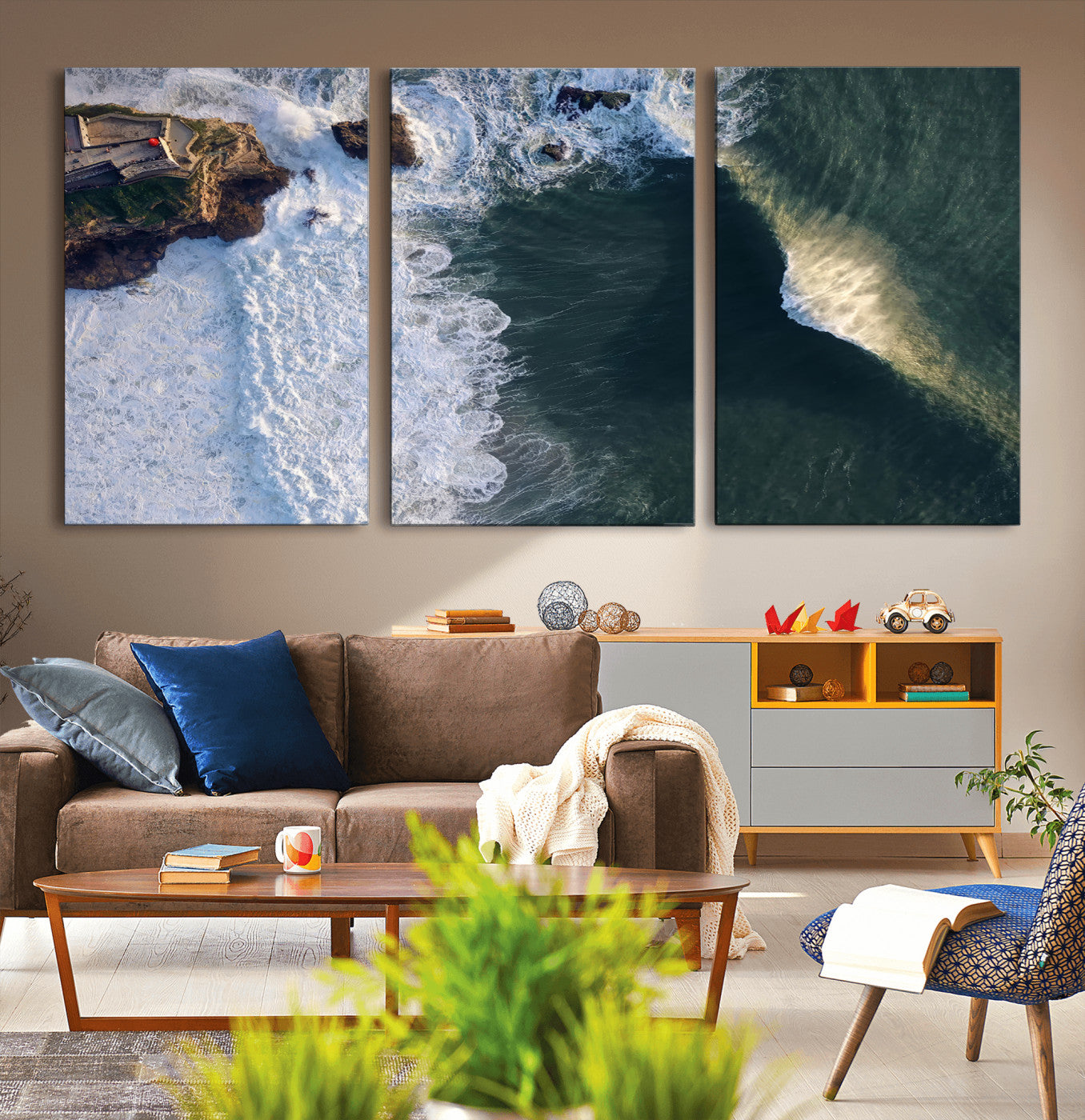 MGV-CV-60X30-3P - Nazaré Coast Wall Art Canvas Print, Framed Aerial Ocean Art Picture Print, Coastal Fortress Perfect Dramatic Coastal Decor Artwork