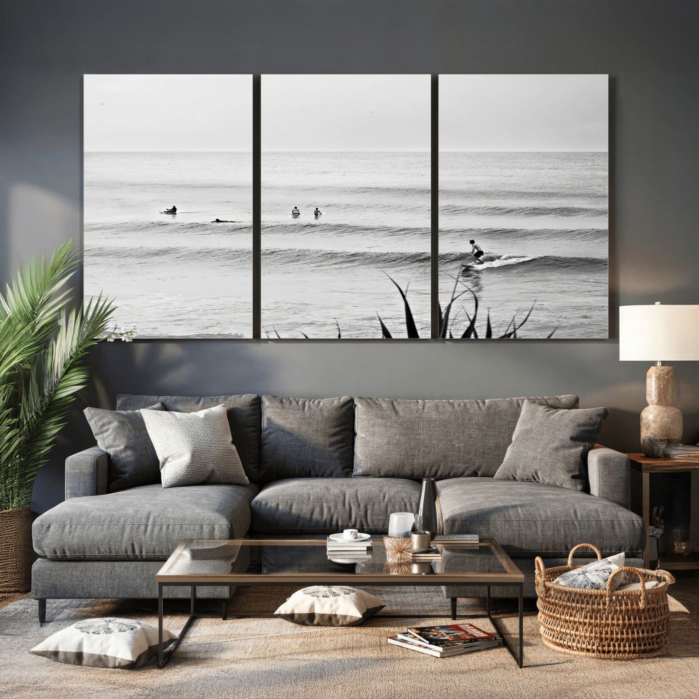 33821421-MGV-CV-36X24 - Surfer Silhouette Wall Art Canvas Print, Framed Calm Ocean Art Picture Print, Monochrome Surf Minimalist Coastal Decor Artwor