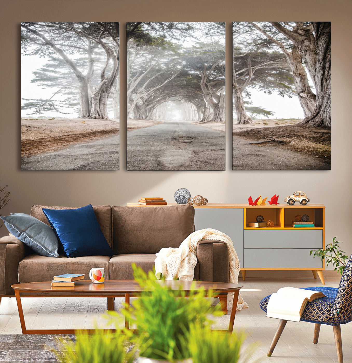 87090469-MGV-CV-36X24-Cypress Tunnel Wall Art – Framed Misty Road Canvas Artwork, Foggy Trees Design, Rustic Woodland Nature Decor for Home, Office