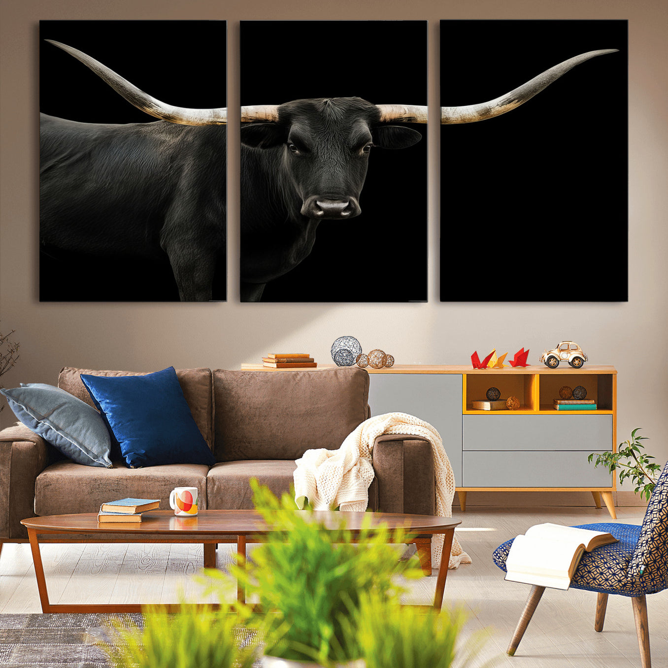99448328-MGV-CV-36X24-Longhorn Cattle Wall Art Canvas Print – Framed Texas Ranch Scene with Western Cow Artwork for Home, Office, Living Room