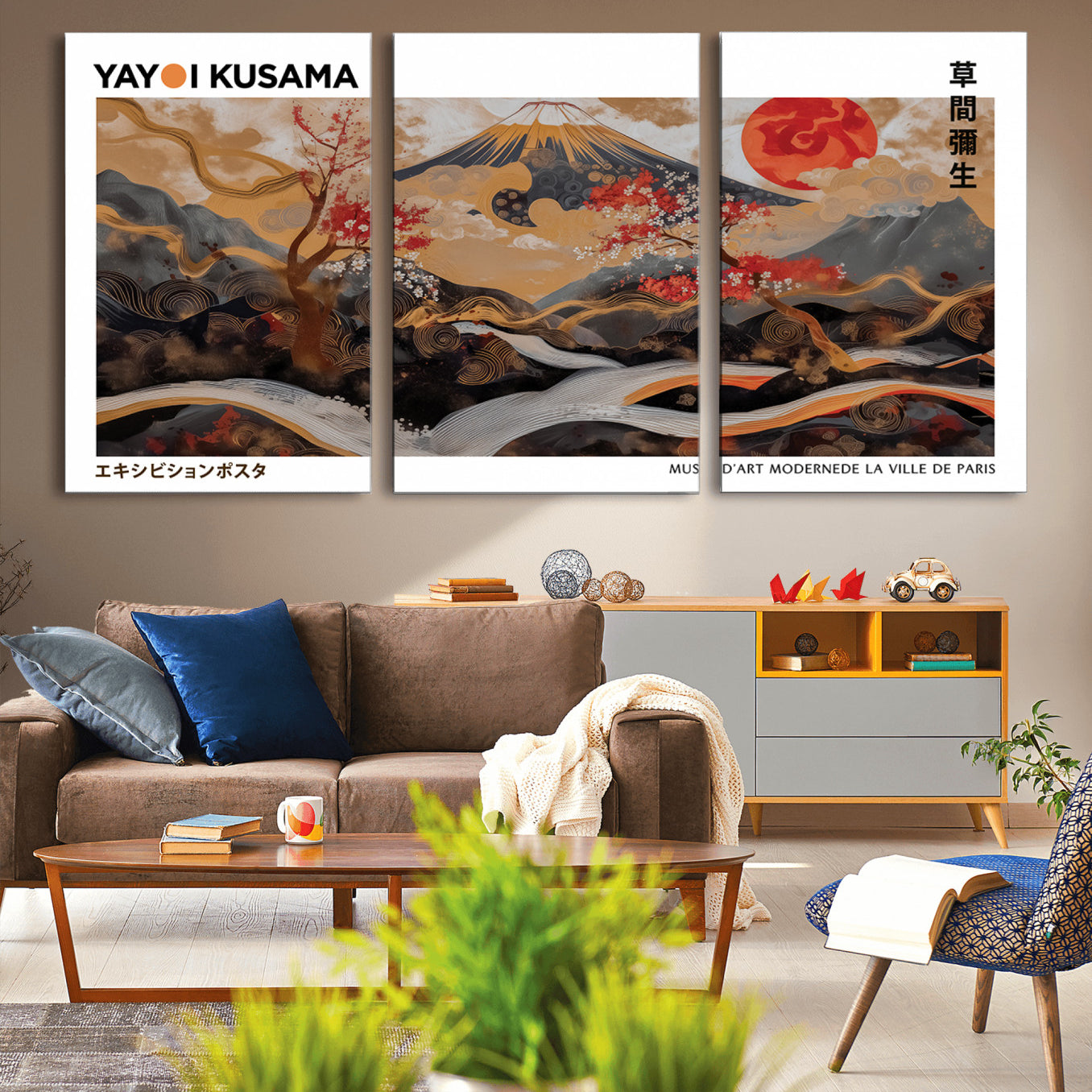 -Modern Japanese Wall Art Print Yayoi Kusama Canvas Wall Art Abstract Mount Fuji Canvas Print