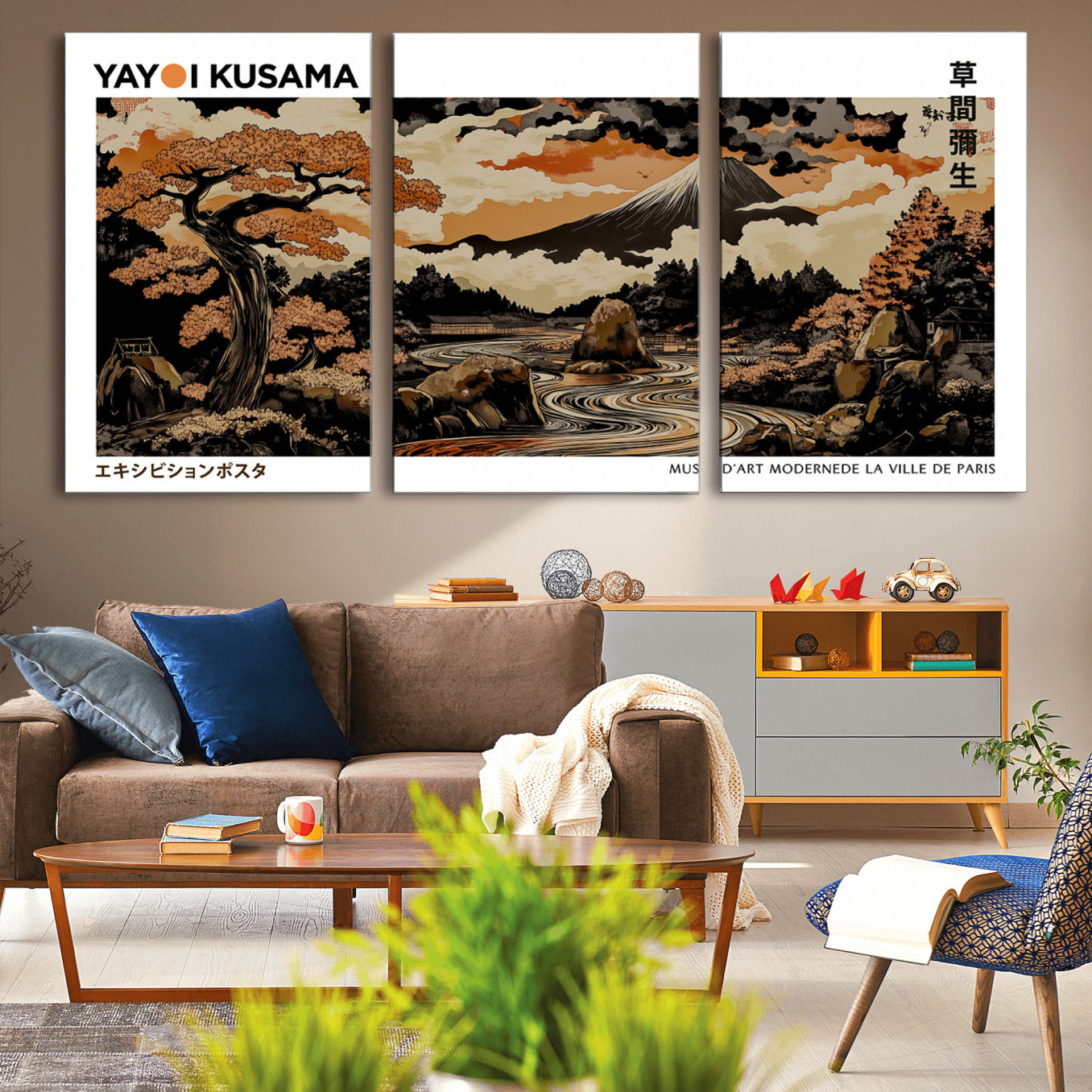 96372548-MGV-CV-36X24-Modern Japanese Wall Art Canvas Print – Framed Abstract Mount Fuji Scene with Yayoi Kusama Style Artwork for Home, Office