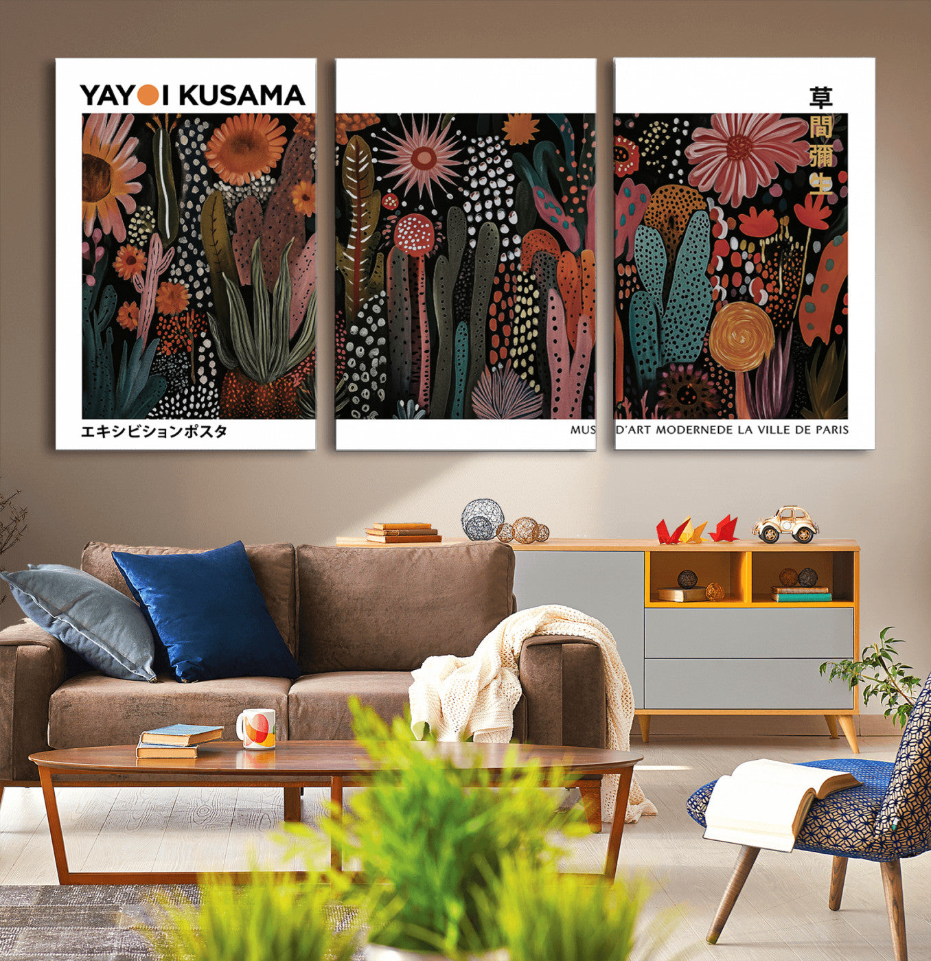 70632622-MGV-CV-36X24-Modern Japanese Wall Art Canvas Print – Framed Abstract Mount Fuji Scene with Yayoi Kusama Artwork for Home, Office