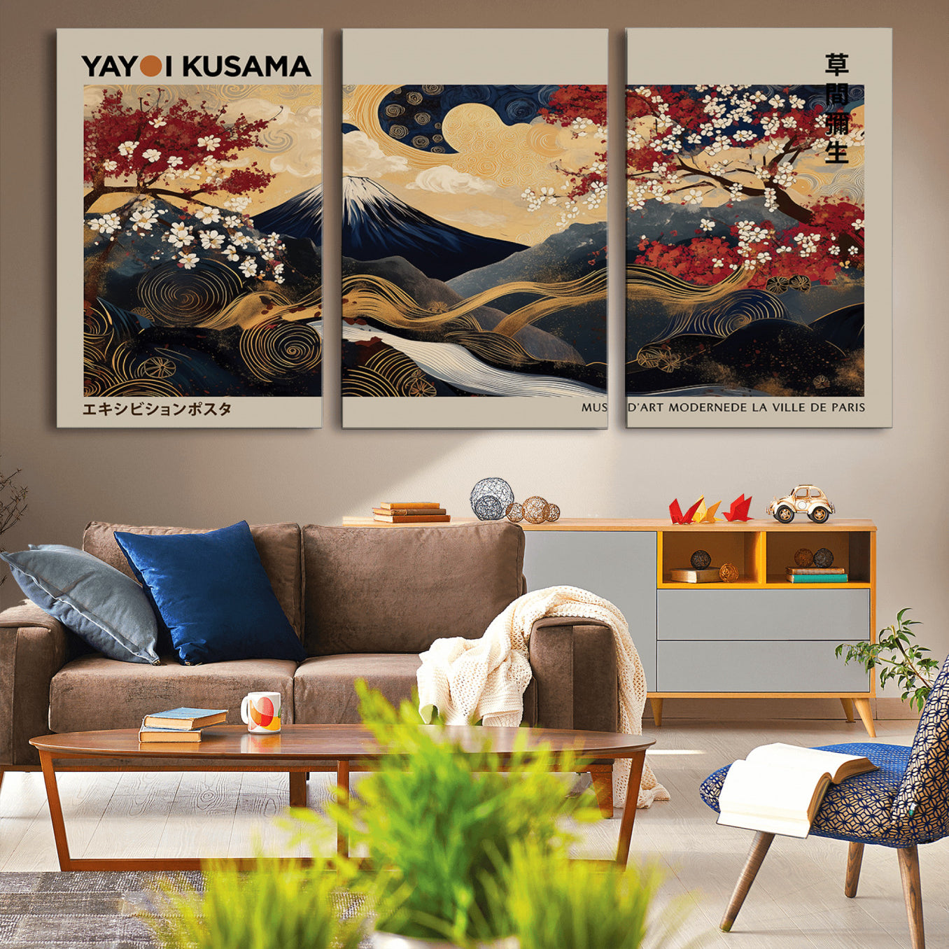 54967195-MGV-CV-36X24-Modern Japanese Wall Art Canvas Print – Framed Abstract Mount Fuji Scene with Yayoi Kusama Japanese Artwork for Home, Office