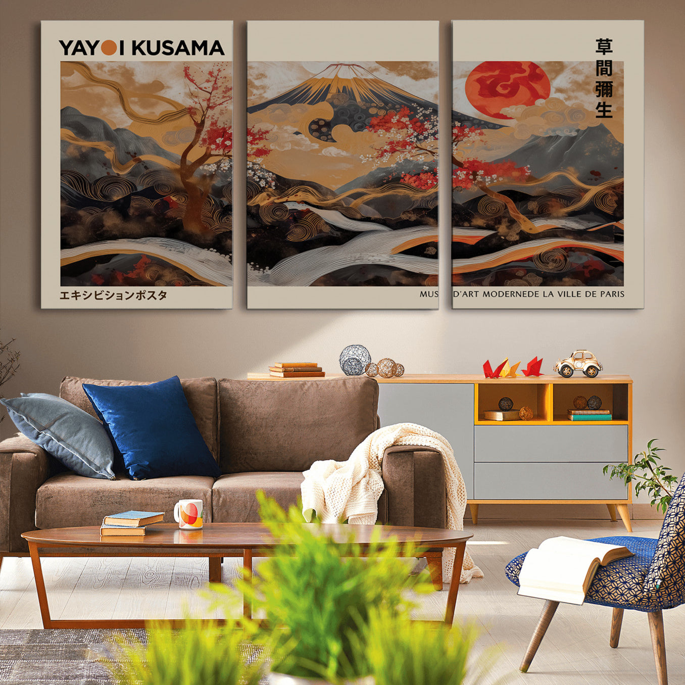 77970791-MGV-CV-36X24-Modern Japanese Wall Art Canvas Print – Framed Abstract Mount Fuji Scene with Yayoi Kusama Artwork for Home, Office
