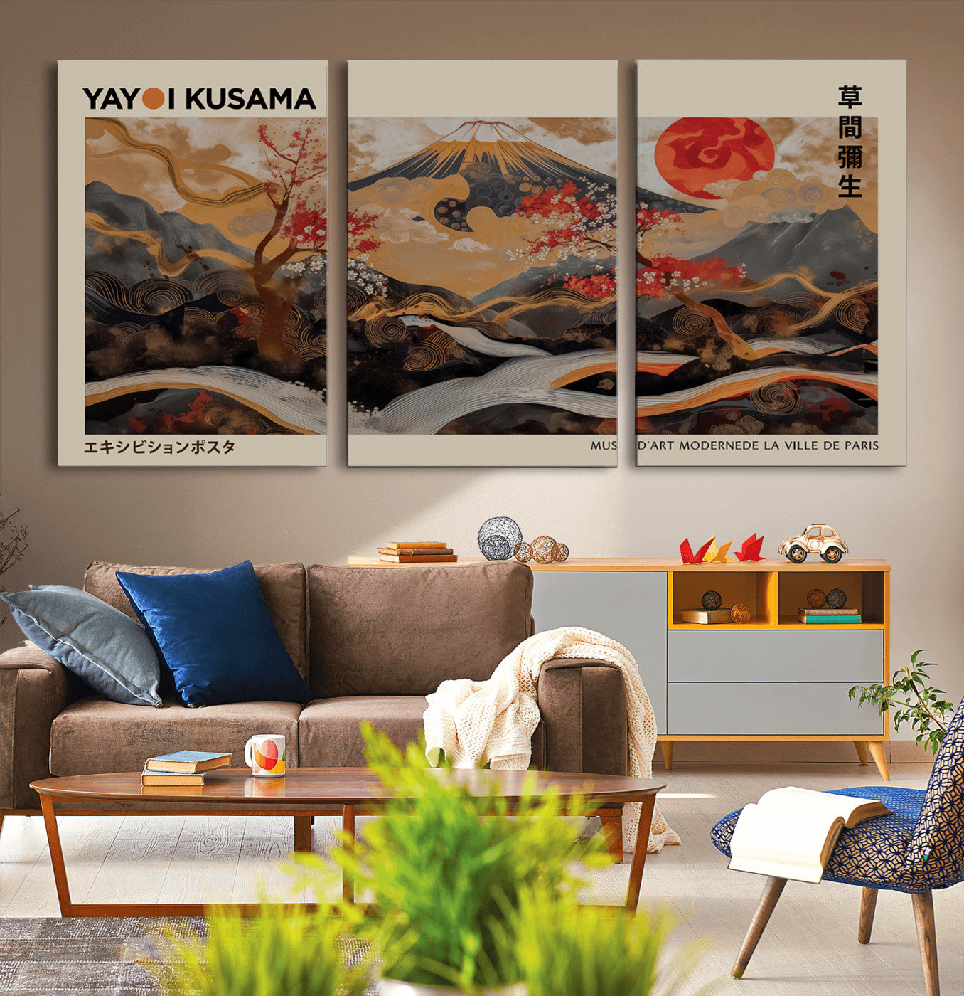 77970791-MGV-CV-36X24-Modern Japanese Wall Art Canvas Print – Framed Abstract Mount Fuji Scene with Yayoi Kusama Artwork for Home, Office