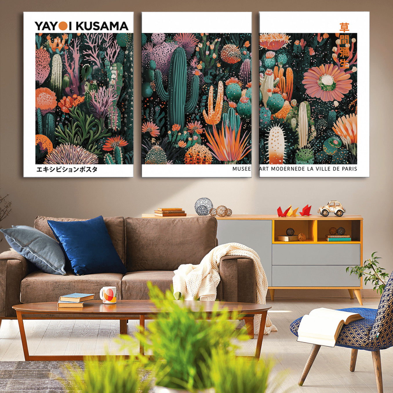 -Modern Japanese Wall Art Print, Yayoi Kusama Print Wall Decor, Abstract Mount Fuji Canvas Print,