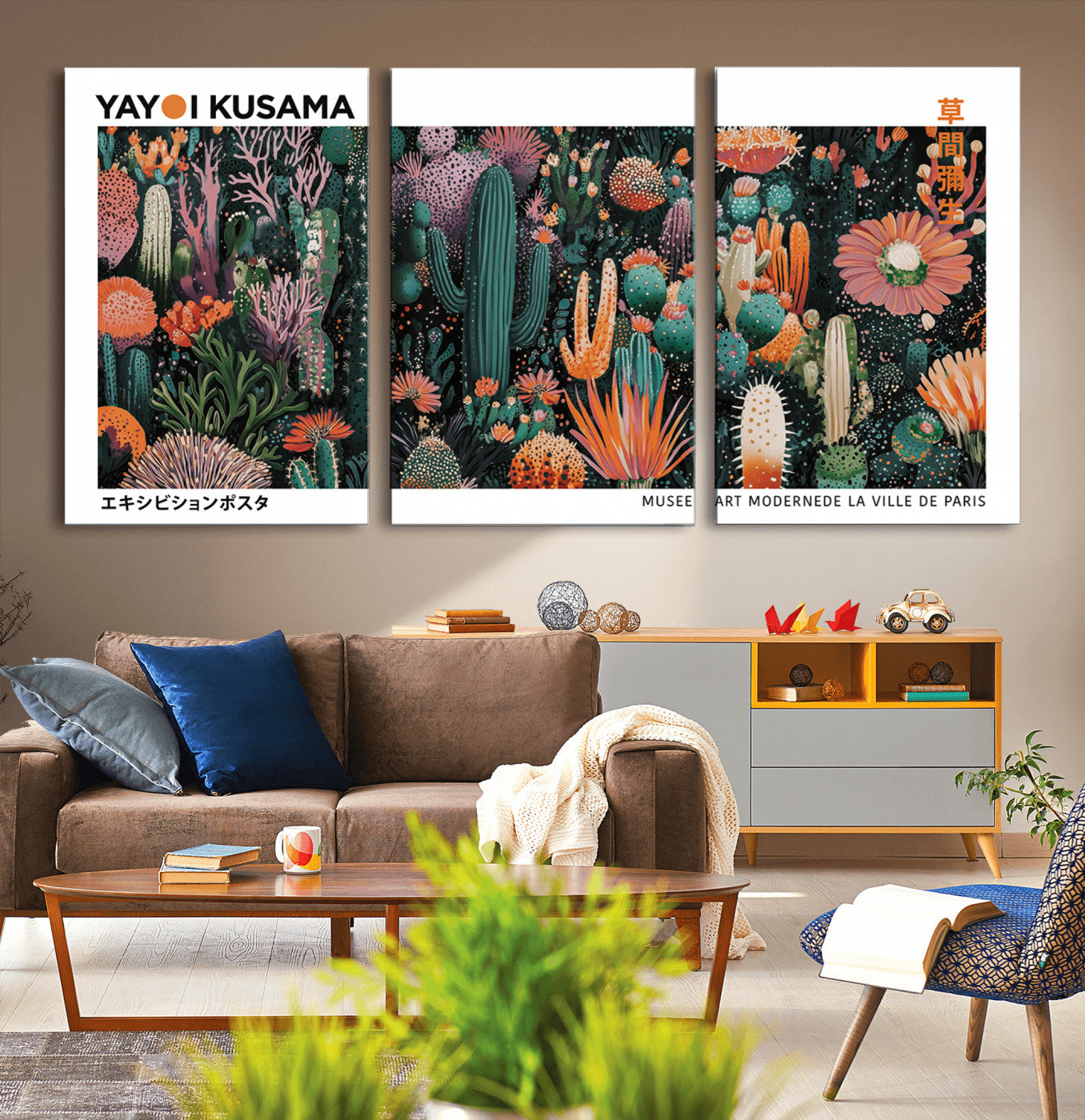 13391380-MGV-CV-36X24-Modern Japanese Wall Art Canvas Print – Framed Abstract Mount Fuji Scene with Yayoi Kusama Artwork for Home, Office