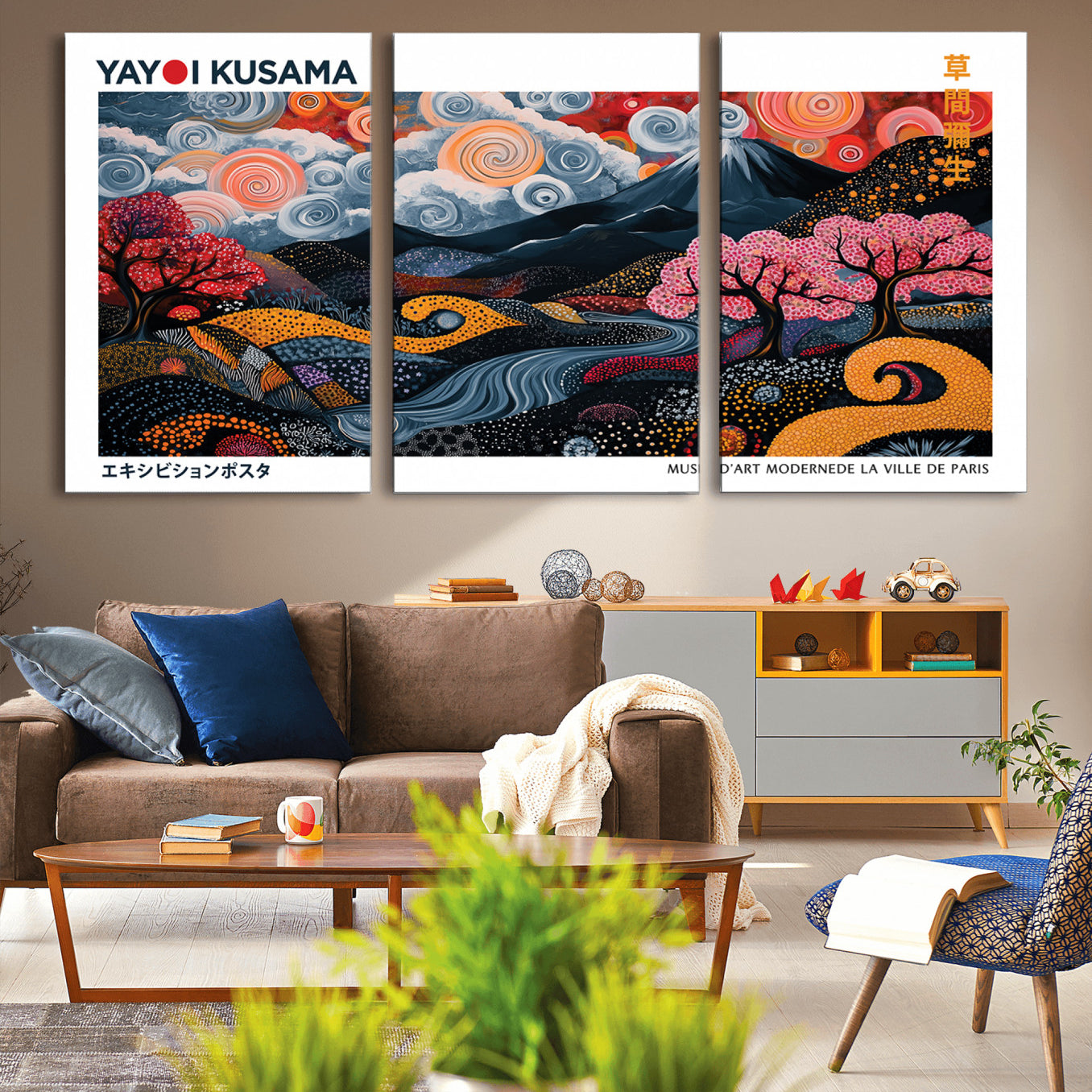 43879290-MGV-CV-36X24-Modern Japanese Wall Art Canvas Print – Framed Abstract Mount Fuji Scene with Yayoi Kusama Artwork for Home, Office