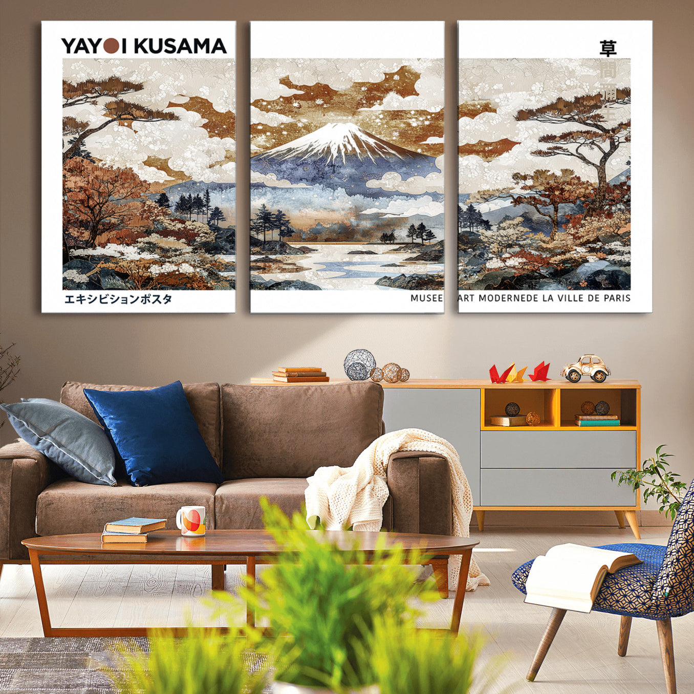 -Modern Japanese Wall Art Print Yayoi Kusama Canvas Wall Art Abstract Mount Fuji Canvas Print