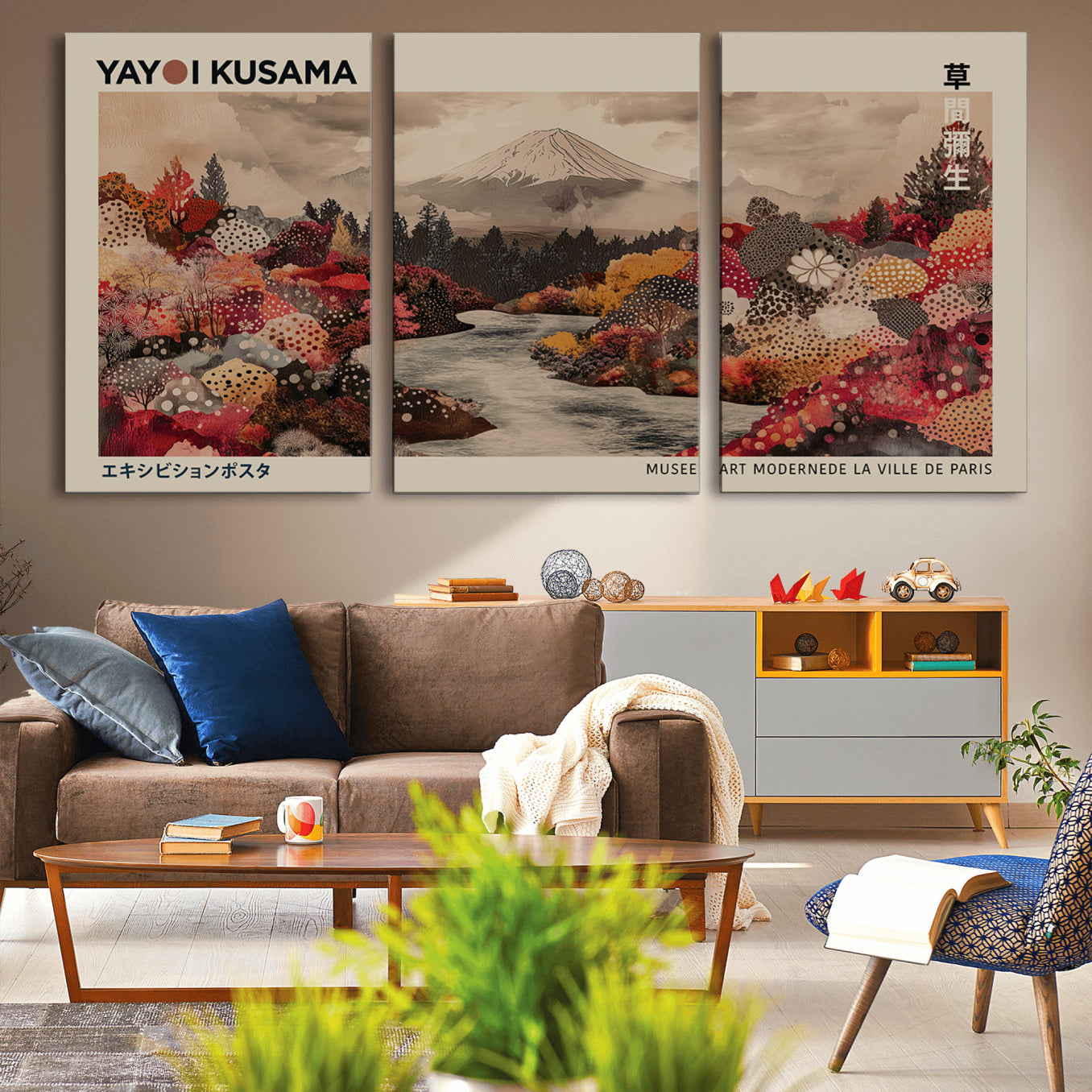 -Modern Japanese Wall Art Print Yayoi Kusama Canvas Wall Art Abstract Mount Fuji Canvas Print
