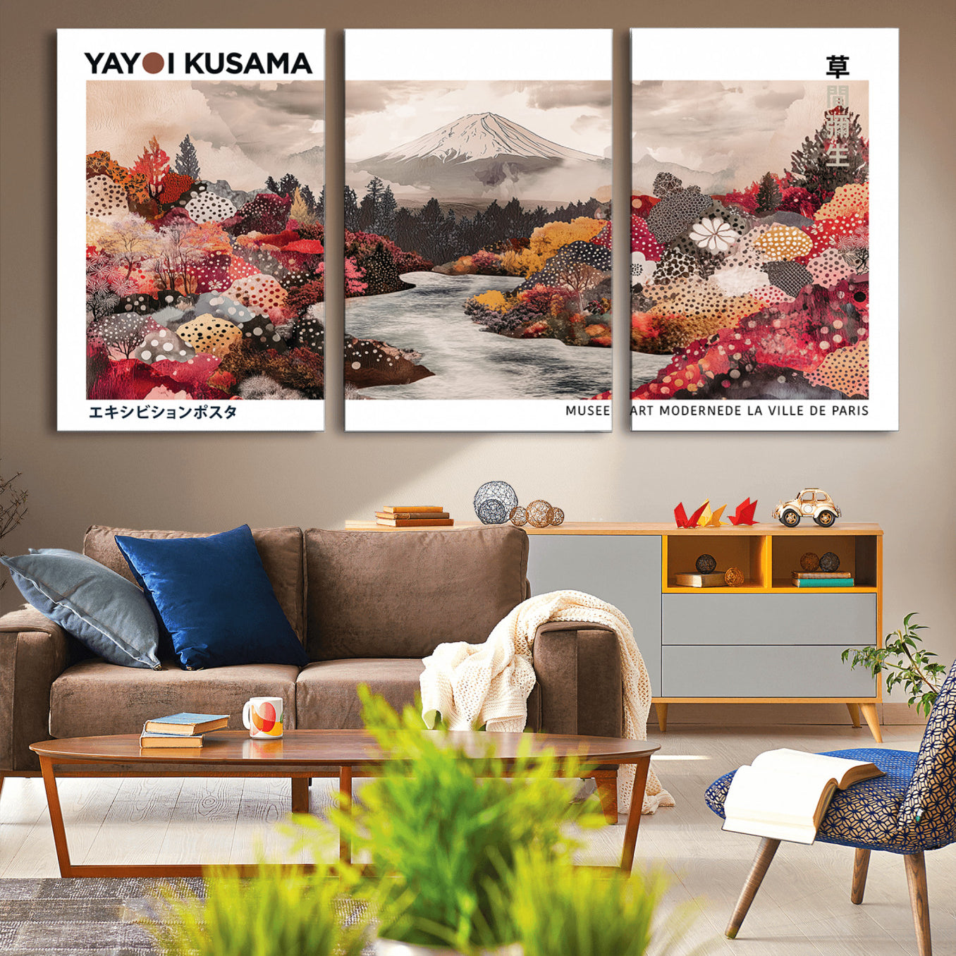 32352074-MGV-CV-36X24-Modern Japanese Wall Art Canvas Print – Framed Abstract Mount Fuji Scene with Yayoi Kusama Artwork for Home, Office