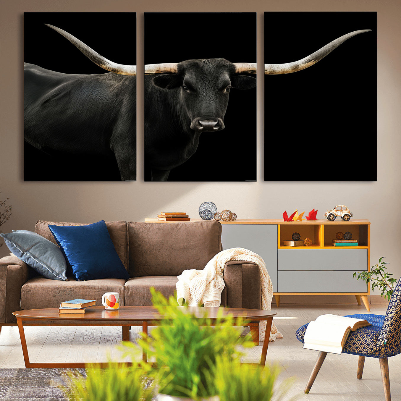 -Texas Longhorn Wall Art Canvas Print, Framed Rustic Western Art Picture Print, Farmhouse Animal Perfect Modern Western Minimalist Decor Artwork