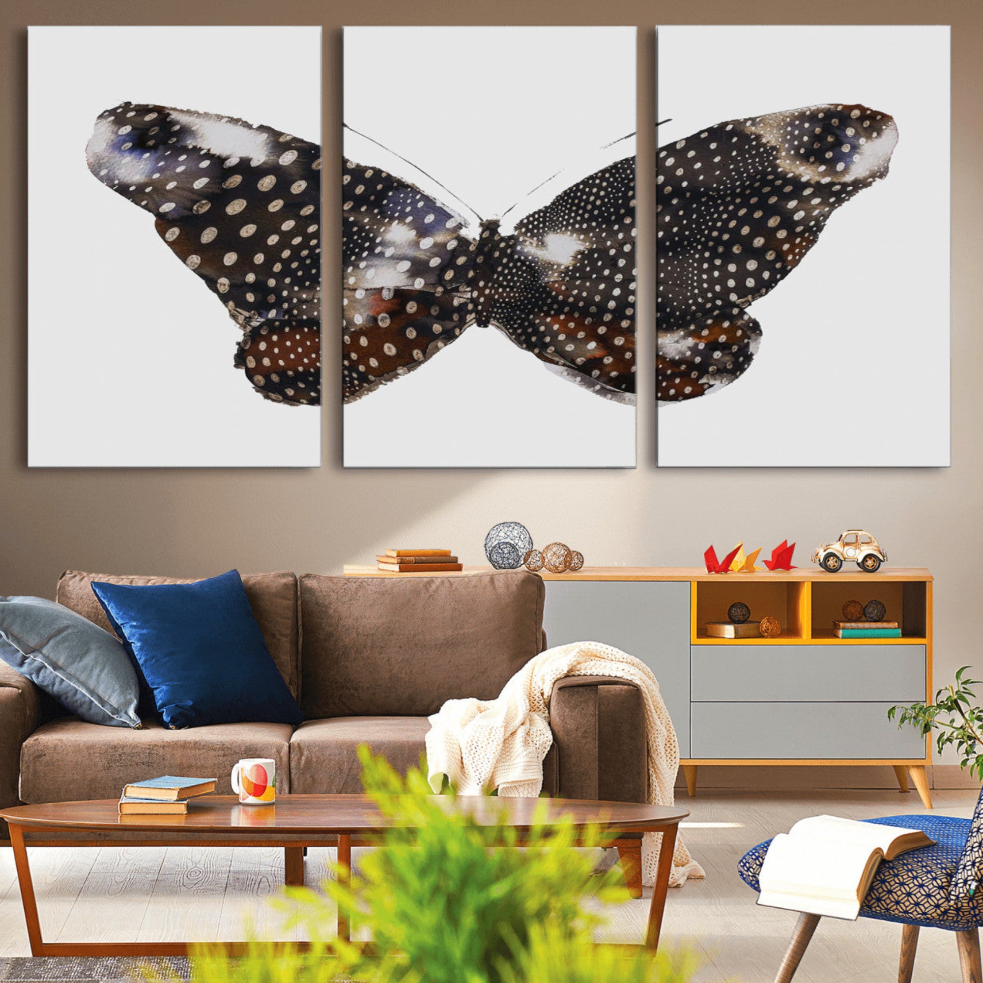 99831147-MGV-CV-36X24-Spotted Butterfly Wall Art Canvas Print – Framed Neutral Insect Earthy Wing Pattern Modern Rustic Nature Artwork for Home Office