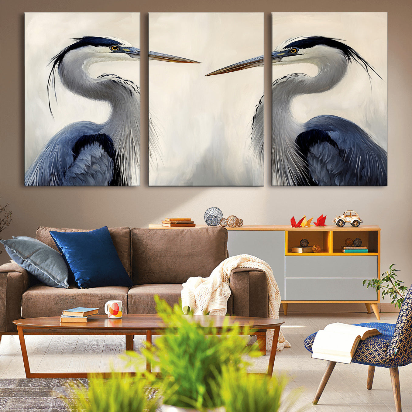 18230556-MGV-CV-36X24-Blue Heron Pair Wall Art Canvas Print – Framed Coastal Bird Tranquil Wildlife Scene Minimalist Nature Artwork for Home Office