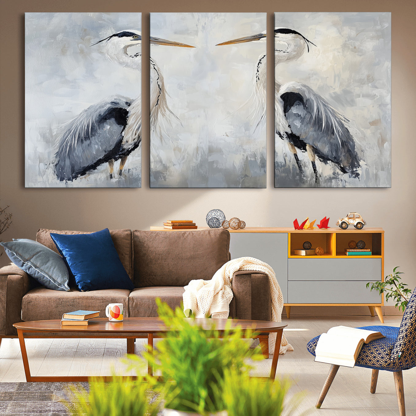 90806932-MGV-CV-60X30-3P-Heron Wall Art Canvas Print – Framed Bird Nature Inspired Coastal Minimalist Wildlife Artwork for Home Office
