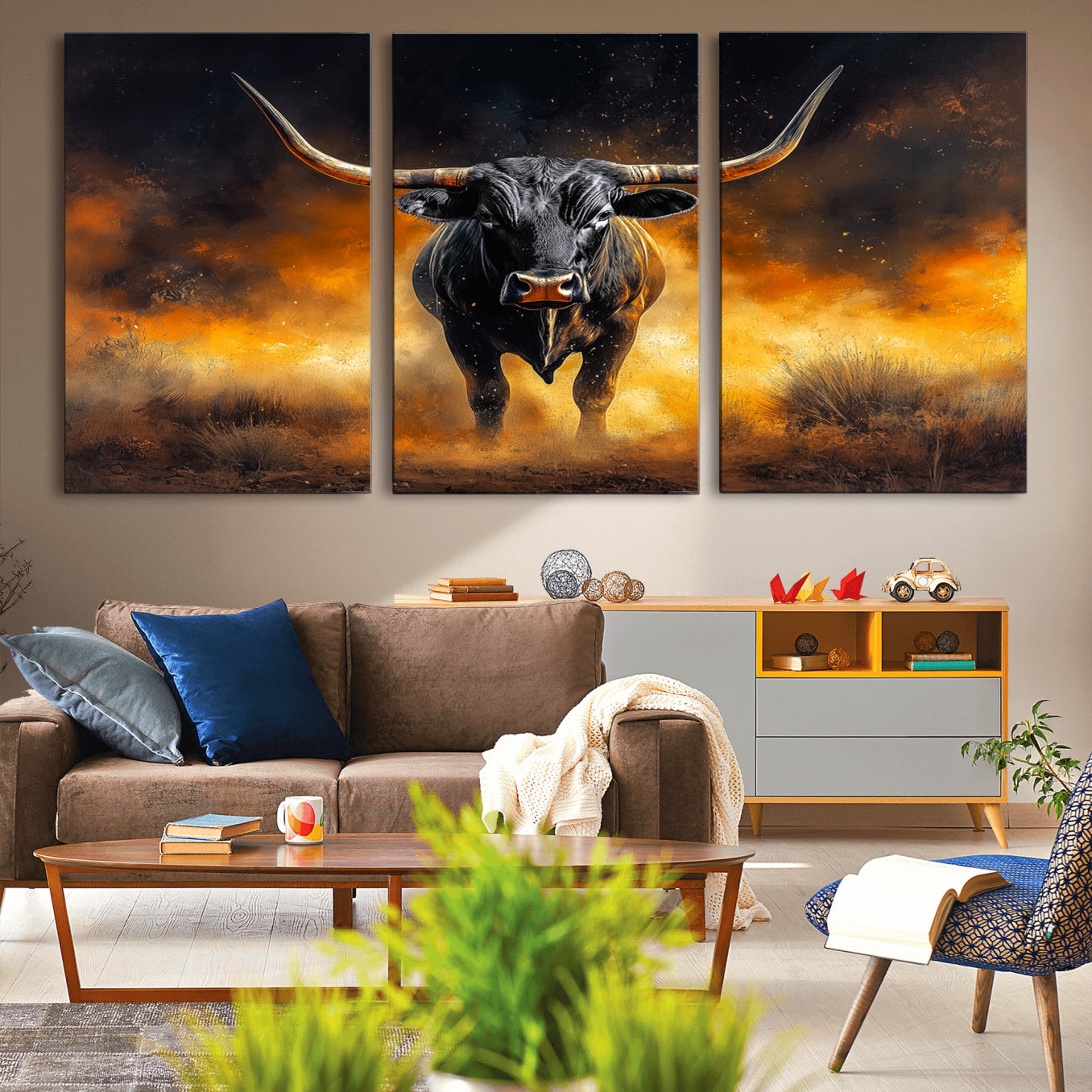 -Longhorn Canvas Wall Art Canvas Print, Framed Bold Bull Wall Art Art Picture Print, Western Animal Decor Perfect Western Dramatic Decor Artwork