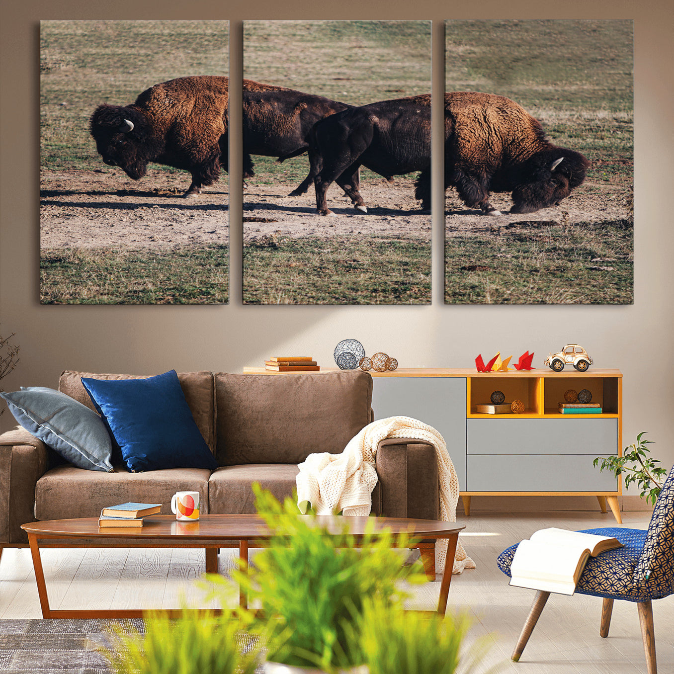 58141885-MGV-CV-36X24-Bison Wall Art Canvas Print – Framed Western Wildlife Modern Ranch Rustic Nature Scene Artwork for Home Office