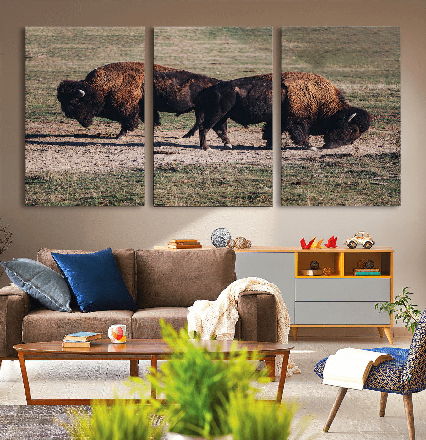 -Bison Wall Art Canvas Print – Framed Western Wildlife Modern Ranch Rustic Nature Scene Artwork for Home Office