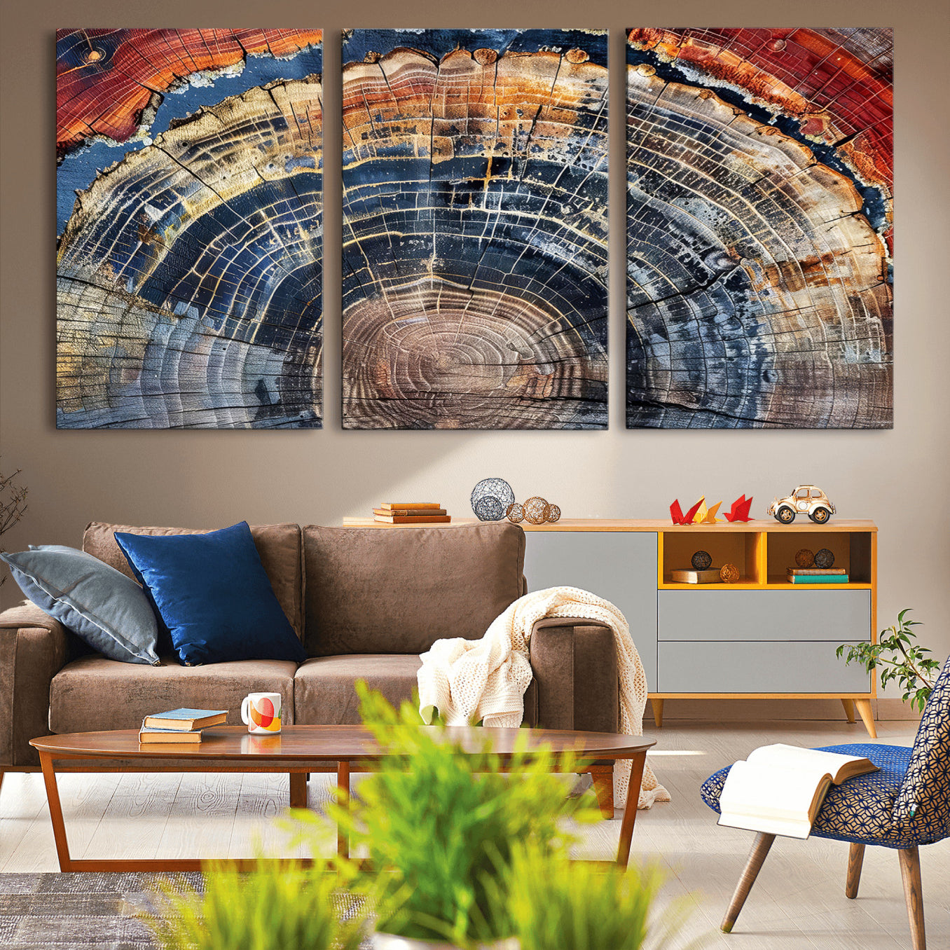 -Tree Rings Wall Art Canvas Print – Framed Petrified Wood Modern Rustic Nature Scene Artwork for Home Office