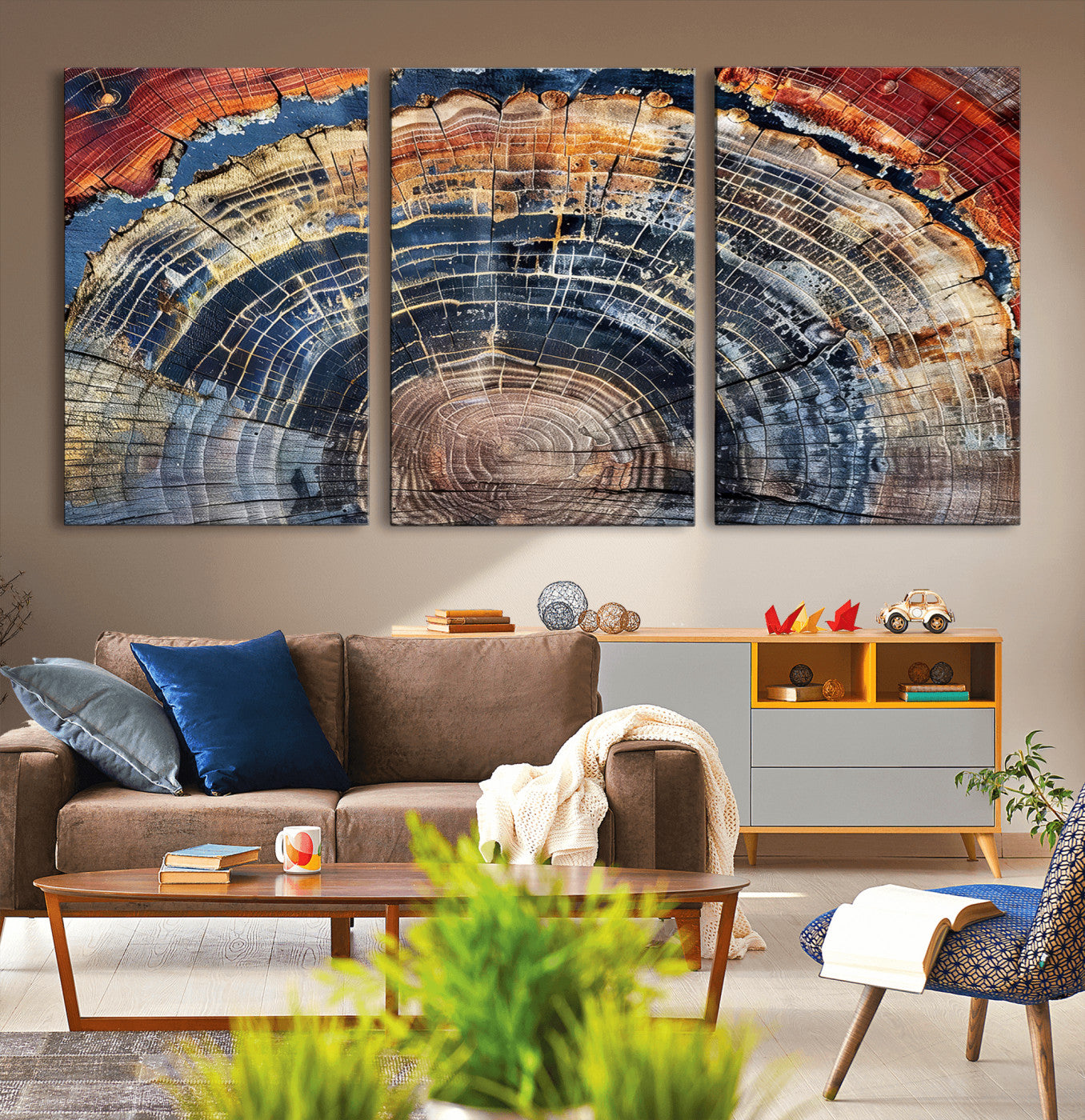 60292921-MGV-CV-60X30-3P - Vintage Tree Rings Wall Art Canvas Print – Framed Wood Art Picture Petrified Wood Artwork for Home, Office, Living Room