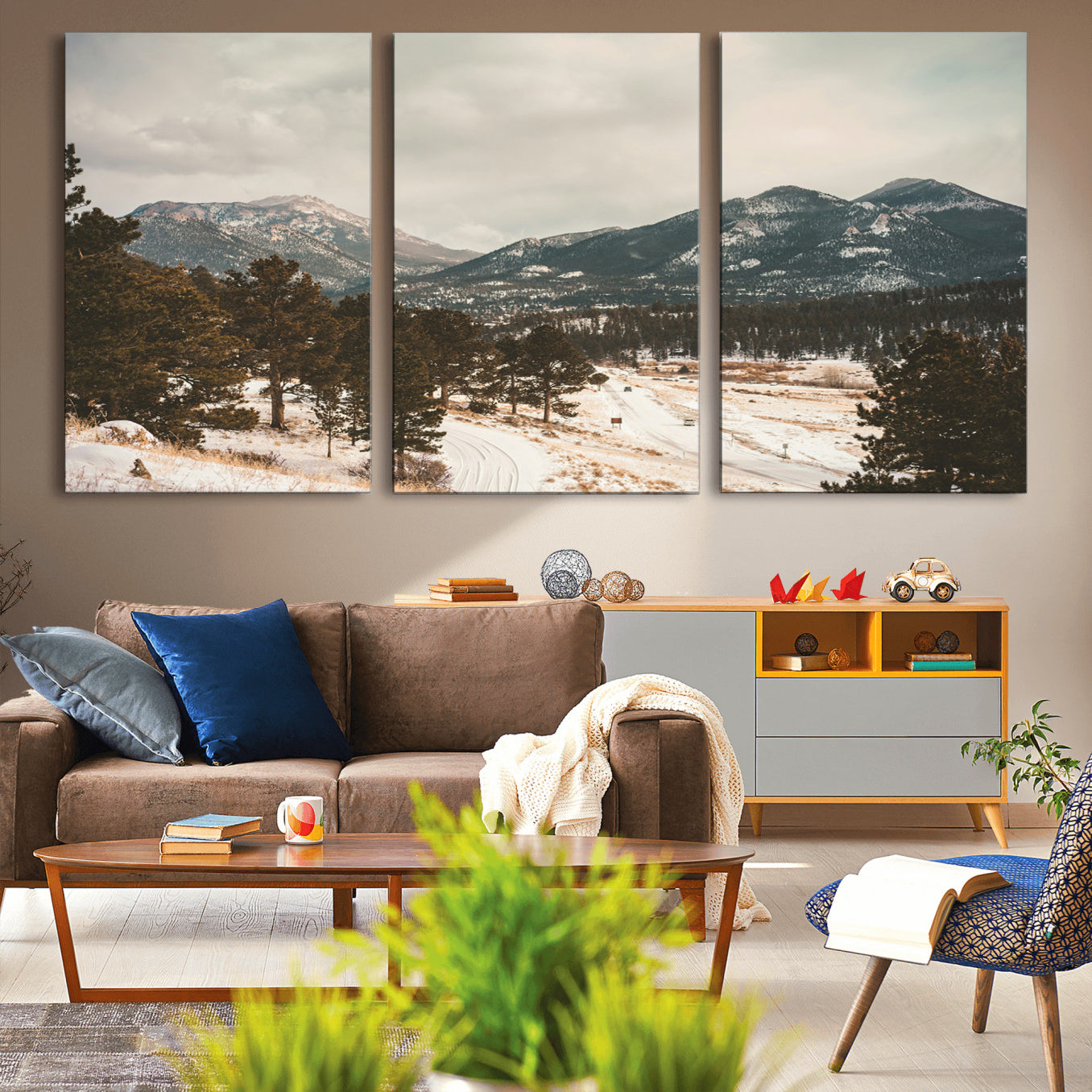 77311749-MGV-CV-60X30-3P-Mountain Landscape Wall Art Canvas Print – Framed Snowy Peaks Alpine Aesthetic Rustic Winter Scene Artwork for Home Office