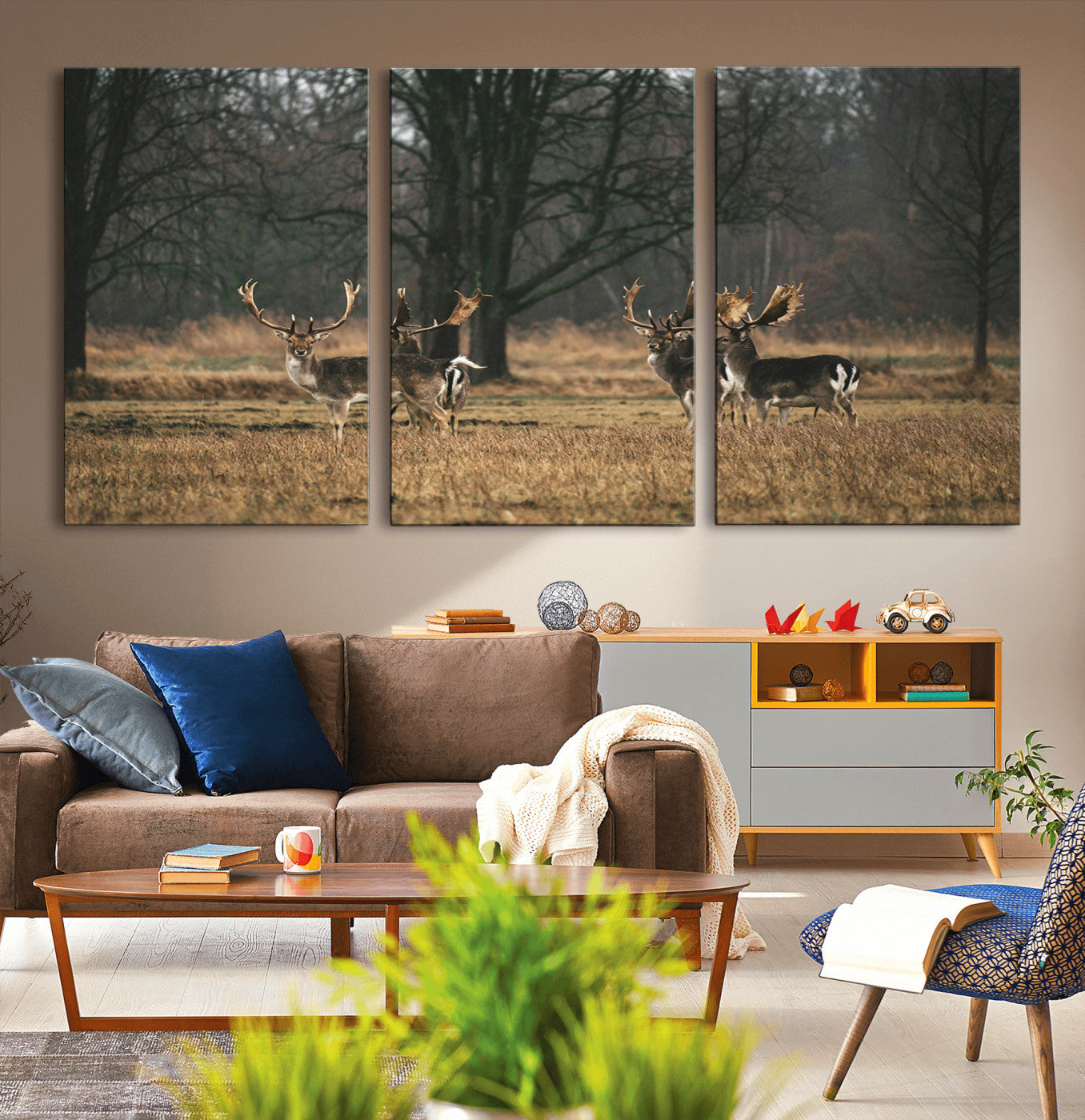 -Deer Wall Art Canvas Print – Framed Rustic Wildlife Stags Forest Nature Scene Artwork for Home, Office, Living Room