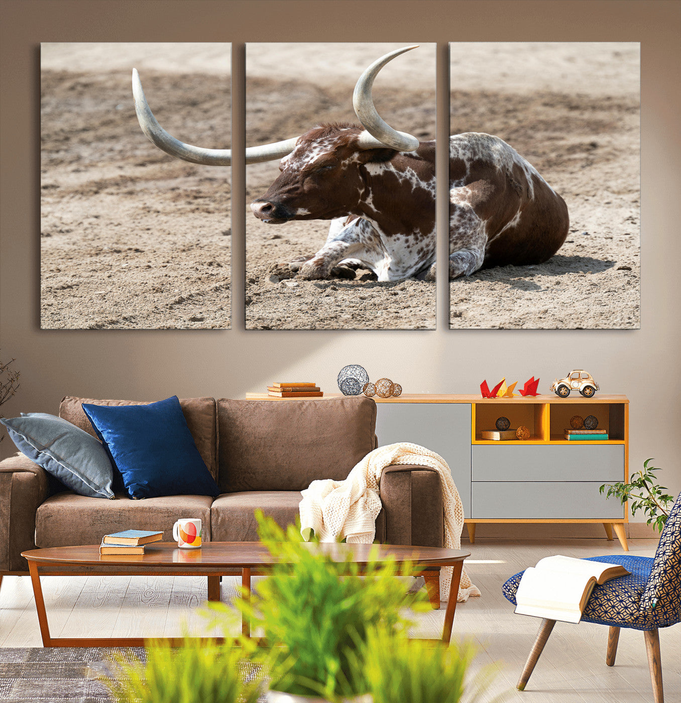 76549210-MGV-CV-36X24-Texas Longhorn Wall Art Canvas Print – Framed Country Living Farmhouse Rustic Cattle Scene Artwork for Home Office