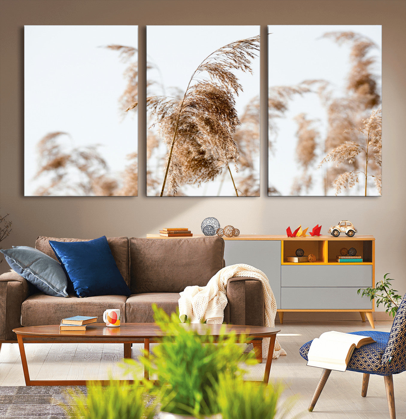 -Pampas Grass Wall Art Canvas Print – Framed Neutral Tones Minimalist Nature Boho Scene Artwork for Home Office
