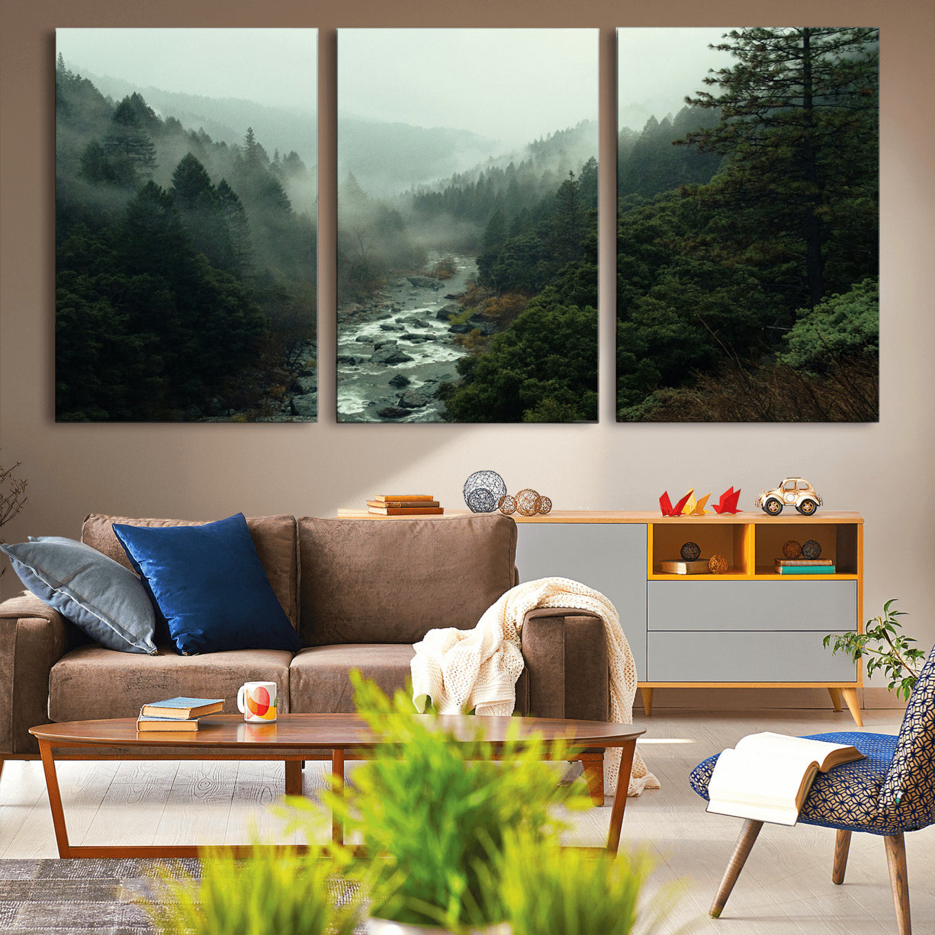 -Misty Forest Wall Art Canvas Print – Framed Foggy River Moody Landscape Wilderness Nature Scene Artwork for Home Office