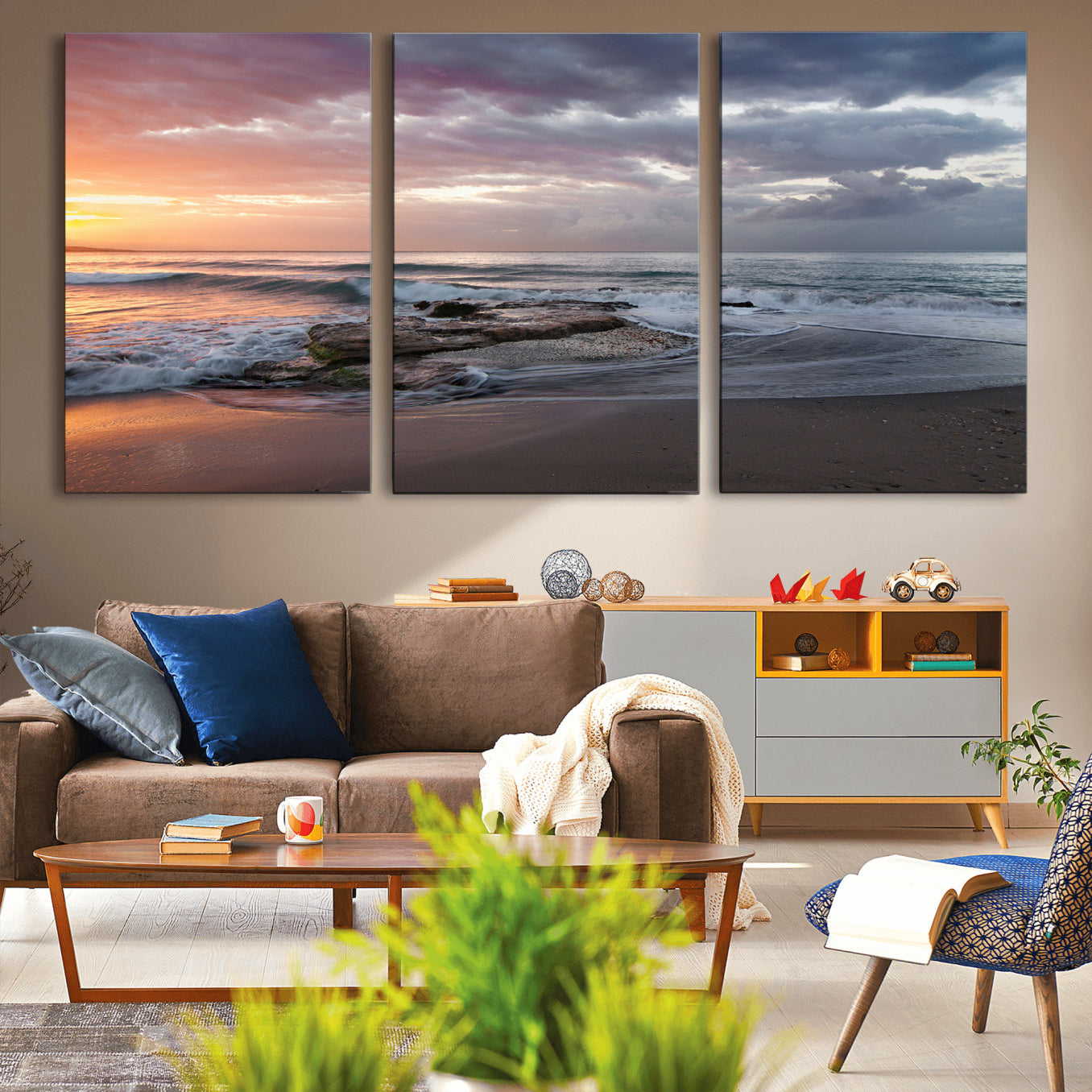 -Golden Hour Wall Art Canvas Print – Framed Tranquil Waves Beach Coastal Serenity Nature Scene Artwork for Home Office
