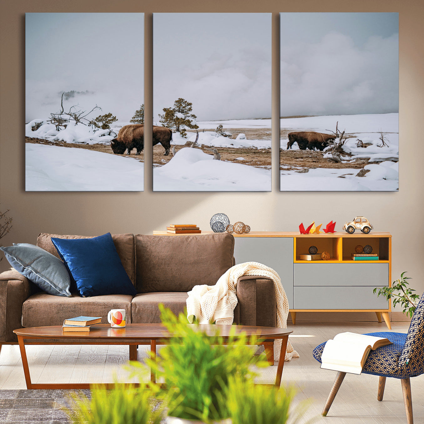 -Bison Wildlife Wall Art Canvas Print – Framed Snowy Prairie Western Rustic Nature Scene Artwork for Home Office