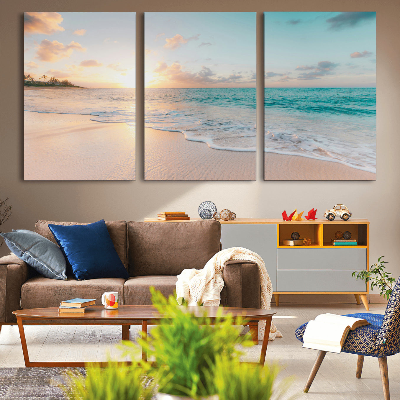 -Beach Sunset Wall Art Canvas Print – Framed Ocean Waves Summer Escape Coastal Nature Scene Artwork for Home Office