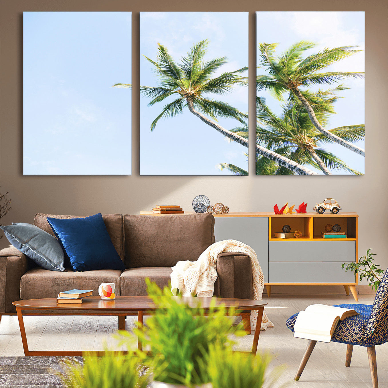 54719115-MGV-CV-60X30-3P-Palm Trees Wall Art Canvas Print – Framed Tropical Coastal Nature Scene Artwork for Home Office