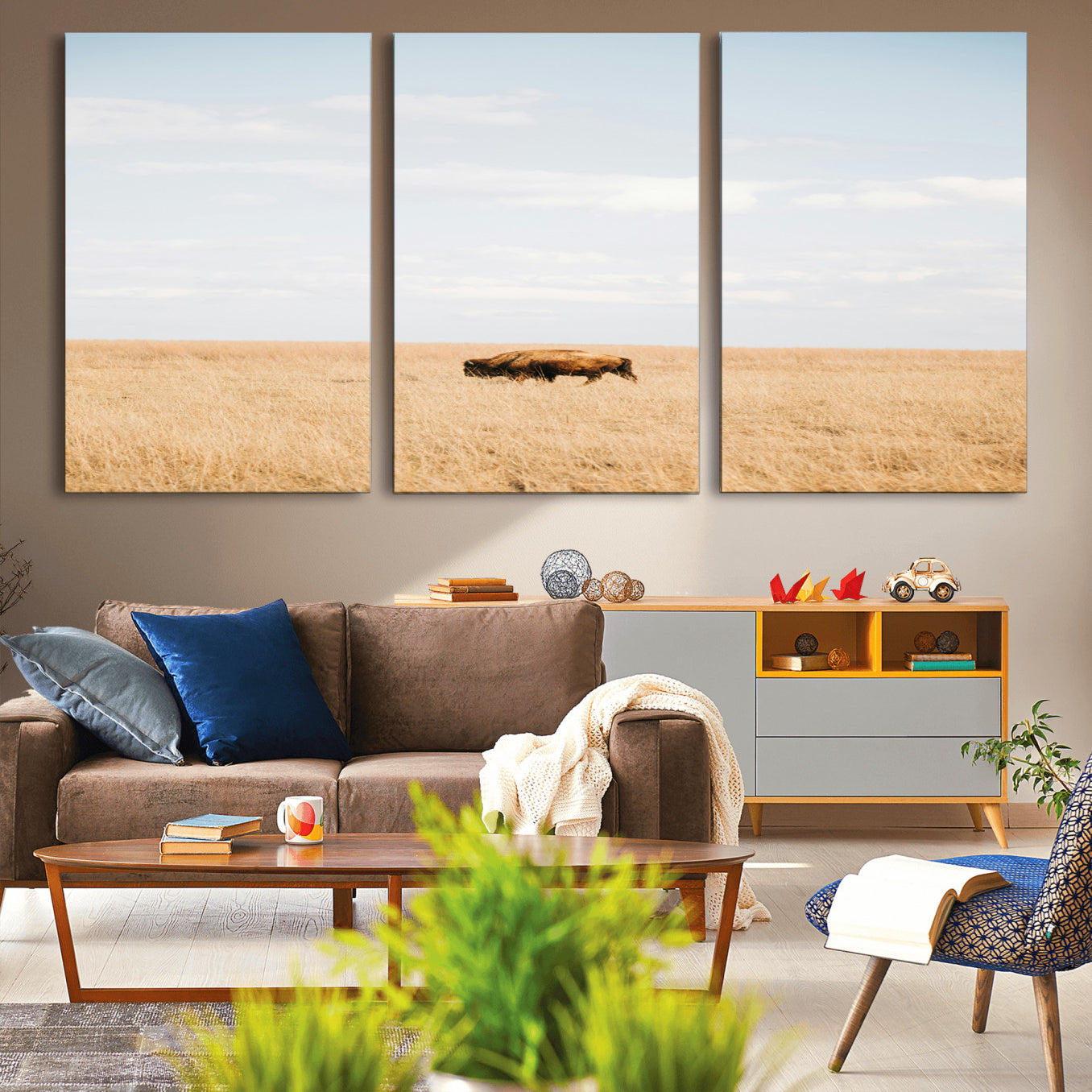 MGV-CV-60X30-3P - Minimalist Nature Wall Art Canvas Print, Framed Bison In Grassland Art Picture Print, Open Field Perfect Modern Ranch Decor Decor Artwork