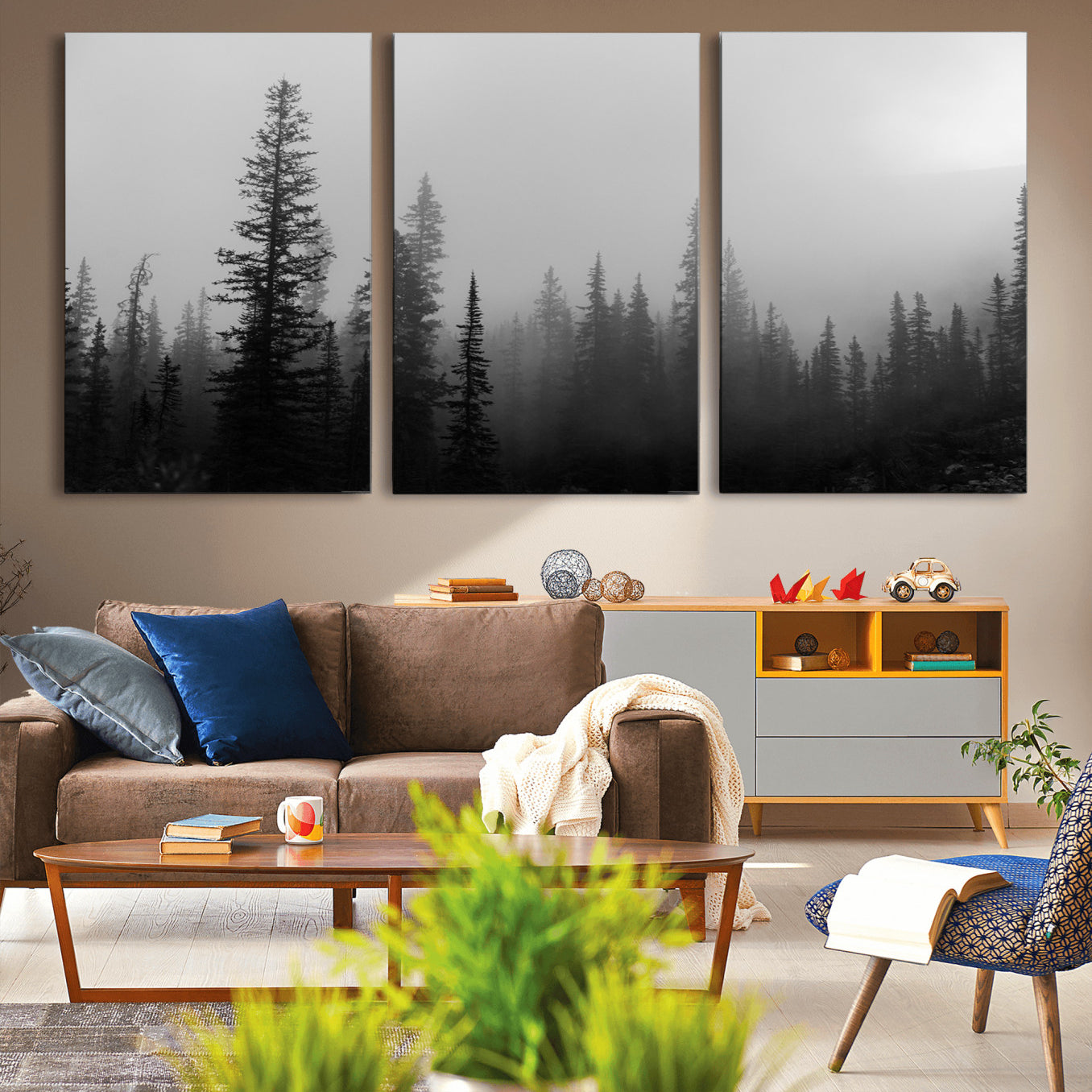 73138900-MGV-CV-36X24-Misty Pines Wall Art Canvas Print – Framed Woodland Minimalist Rustic Nature Scene Photography Artwork for Home Office
