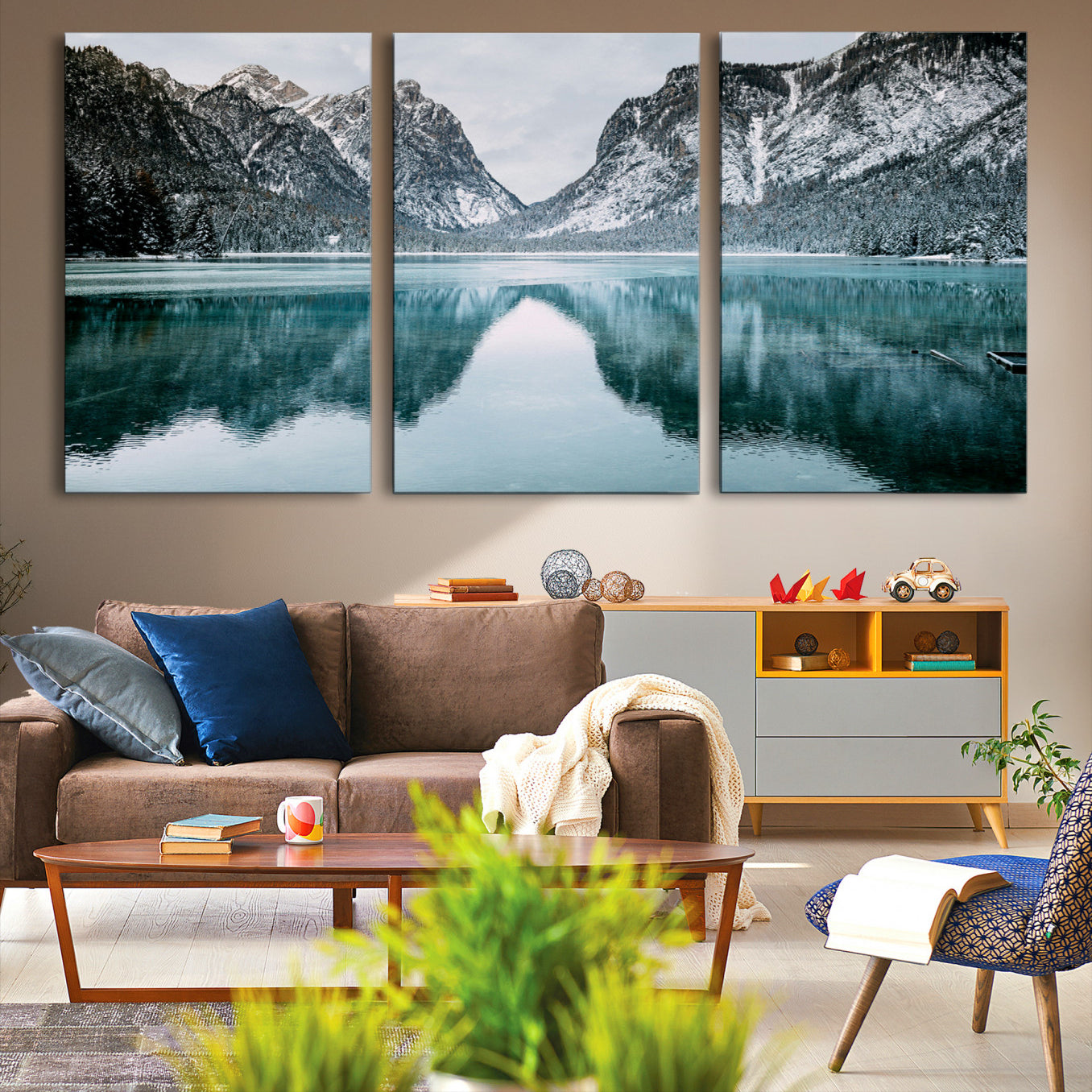 -Mountain Lake Wall Art Canvas Print – Snowy Peaks Winter Wonderland Scene Serene Nature Landscape Artwork for Home Office