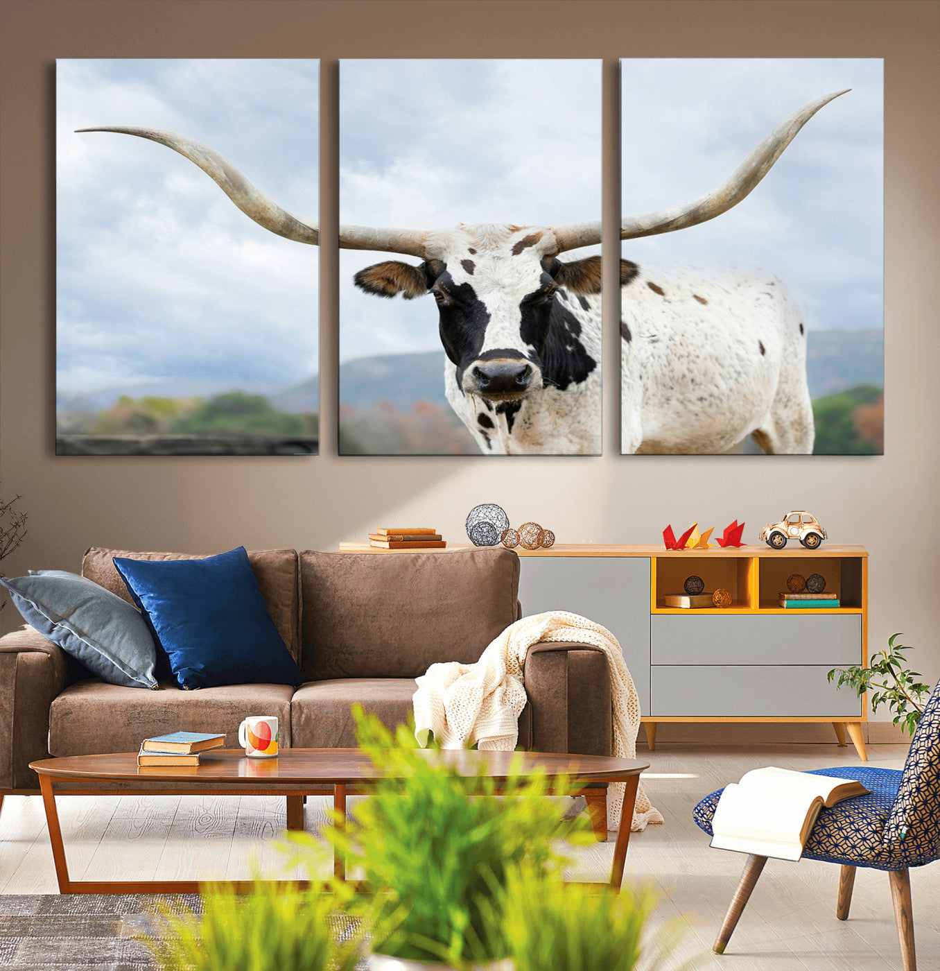 63592811-MGV-CV-36X24-Texas Longhorn Wall Art Canvas Print – Framed Western Rustic Farmhouse Nature Scene Artwork for Home Office
