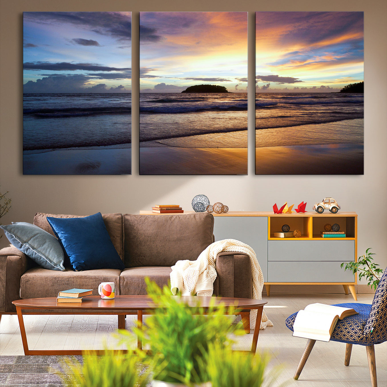 36714356-MGV-CV-36X24-Beach Sunset Wall Art Canvas Print – Tropical Ocean Waves Golden Sky Serene Seascape Nature Artwork for Home Office