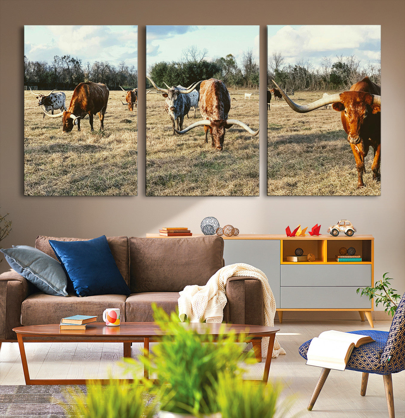-Texas Longhorns Wall Art Canvas Print – Rustic Western Farm Scene Cattle Country Landscape Artwork for Home Office