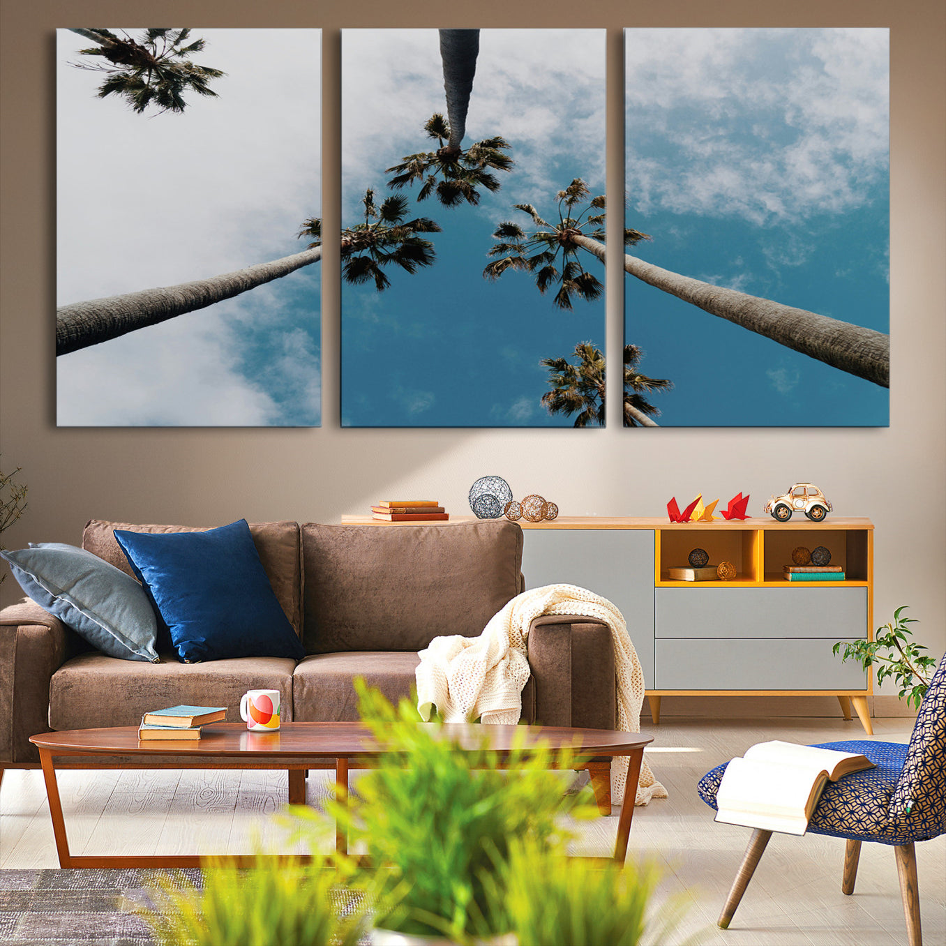 45236398-MGV-CV-36X24-Tropical Palm Trees Wall Art Canvas Print – Framed California Sky Minimalist Nature Scene Artwork for Home Office