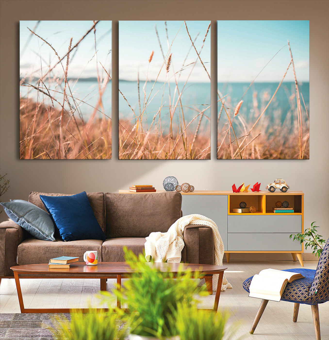 36108696-MGV-CV-36X24-Coastal Grass Landscape Wall Art Canvas Print – Golden Shoreline Nature Scene Serene Ocean View Artwork for Home Office