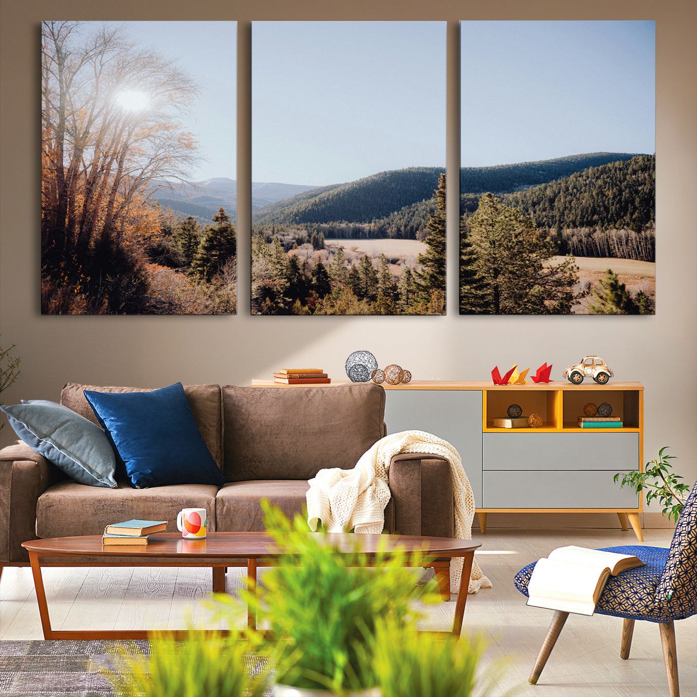 -Rustic Landscape Wall Art Canvas Print – Serene Valley Scene Pine Tree Horizon Nature Artwork for Home Office