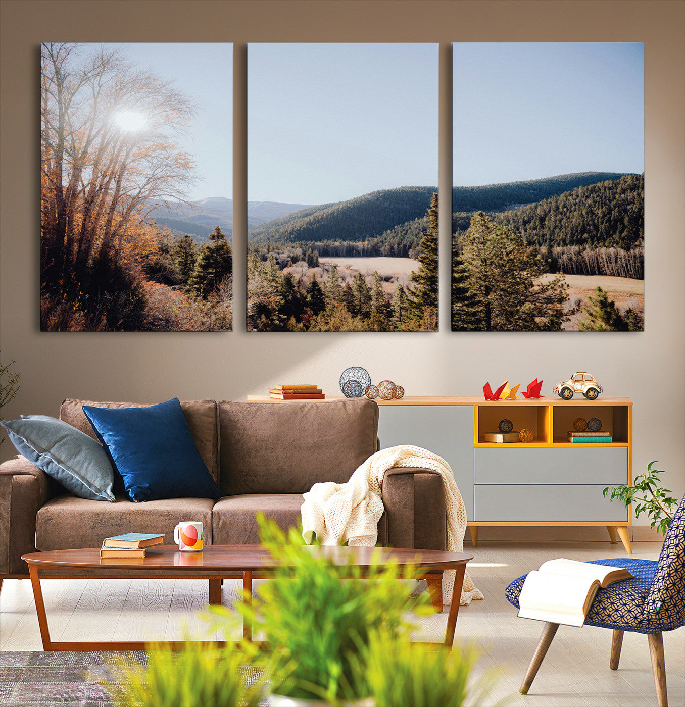 -Rustic Landscape Wall Art Canvas Print – Serene Valley Scene Pine Tree Horizon Nature Artwork for Home Office