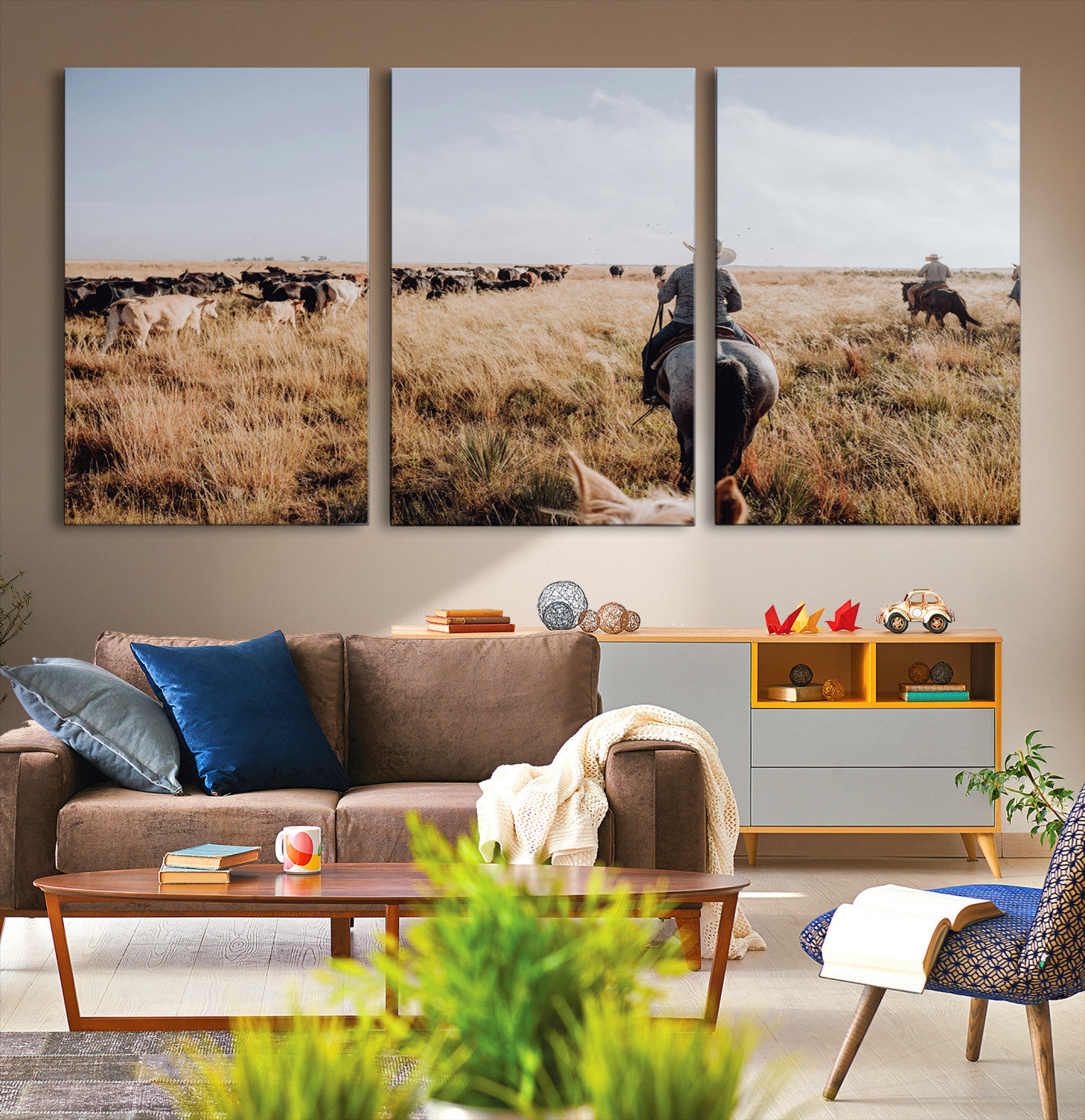 -Western Wall Art Canvas Print – Framed Cowboy Cattle Drive Scene Rustic Ranch Landscape Artwork for Home Office