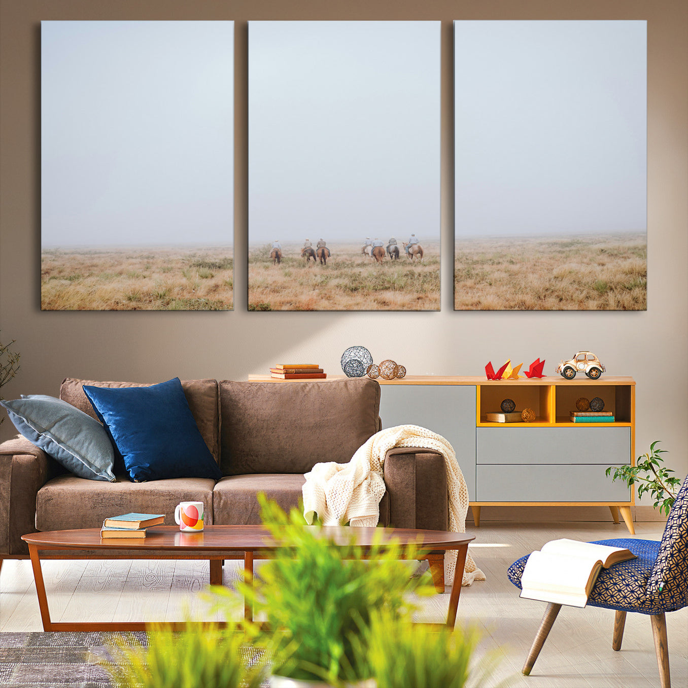 14761944-MGV-CV-36X24-Foggy Plains Wall Art Canvas Print – Framed Horseback Riders Rustic Western Landscape Scene Artwork for Home Office