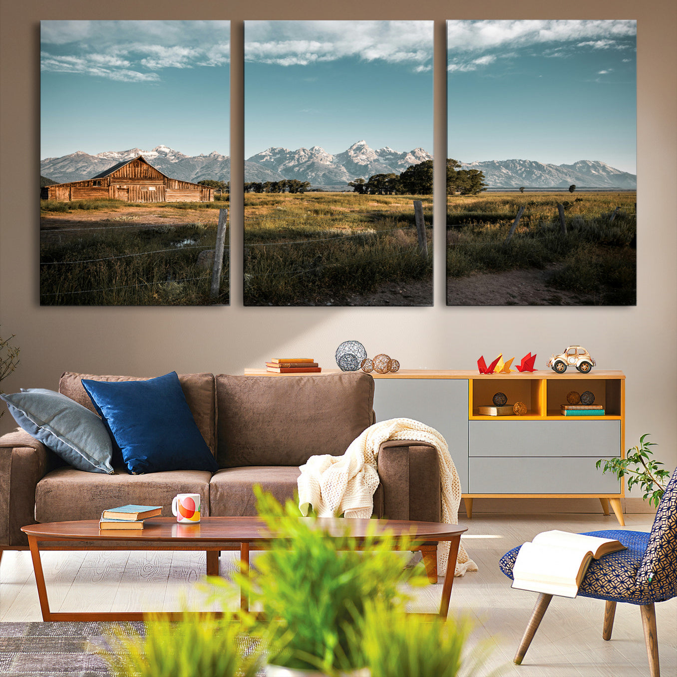 -Rustic Farmhouse Wall Art Canvas Print – Framed Mountain Cabin Western Landscape Scene Artwork for Home Office