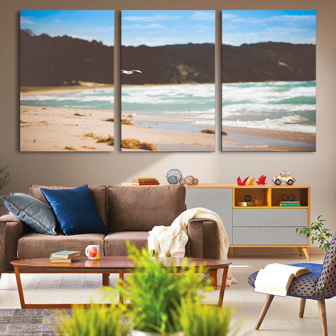 -Tranquil Beach Scene Wall Art Canvas Print – Framed Blue Ocean Waves Sandy Shore Coastal Nature Artwork for Home Office