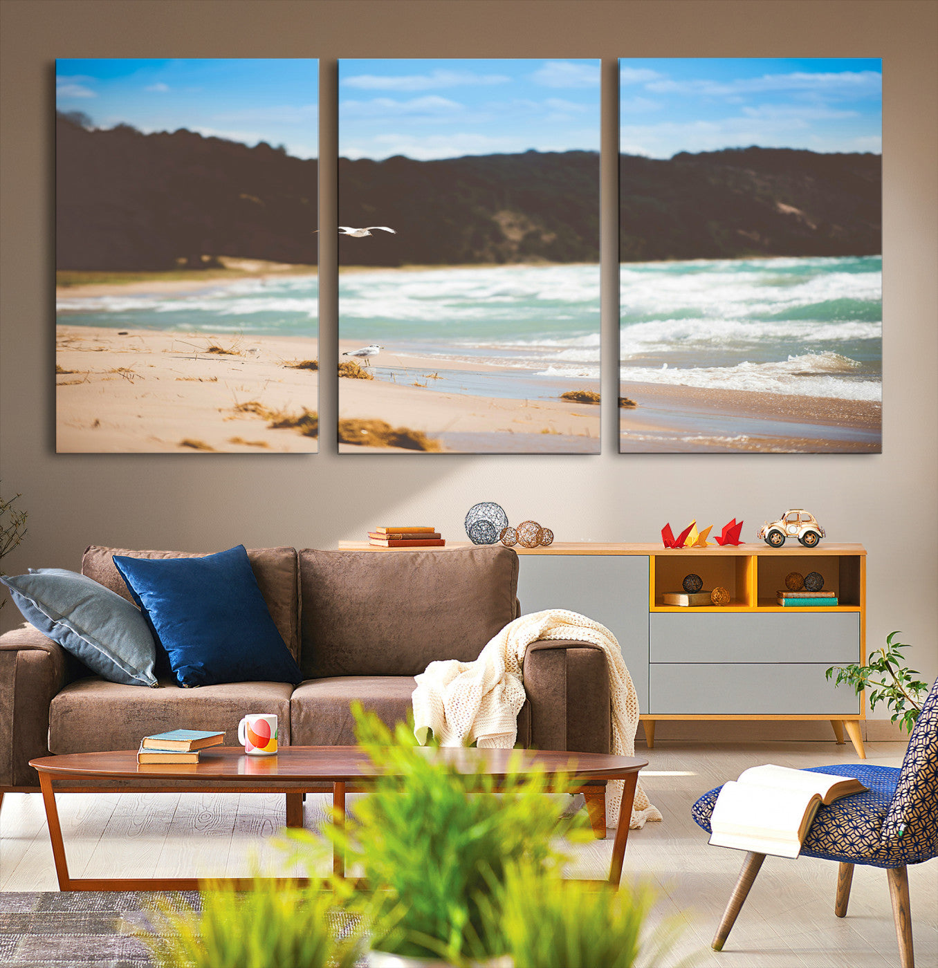 -Tranquil Beach Scene Wall Art Canvas Print – Framed Blue Ocean Waves Sandy Shore Coastal Nature Artwork for Home Office